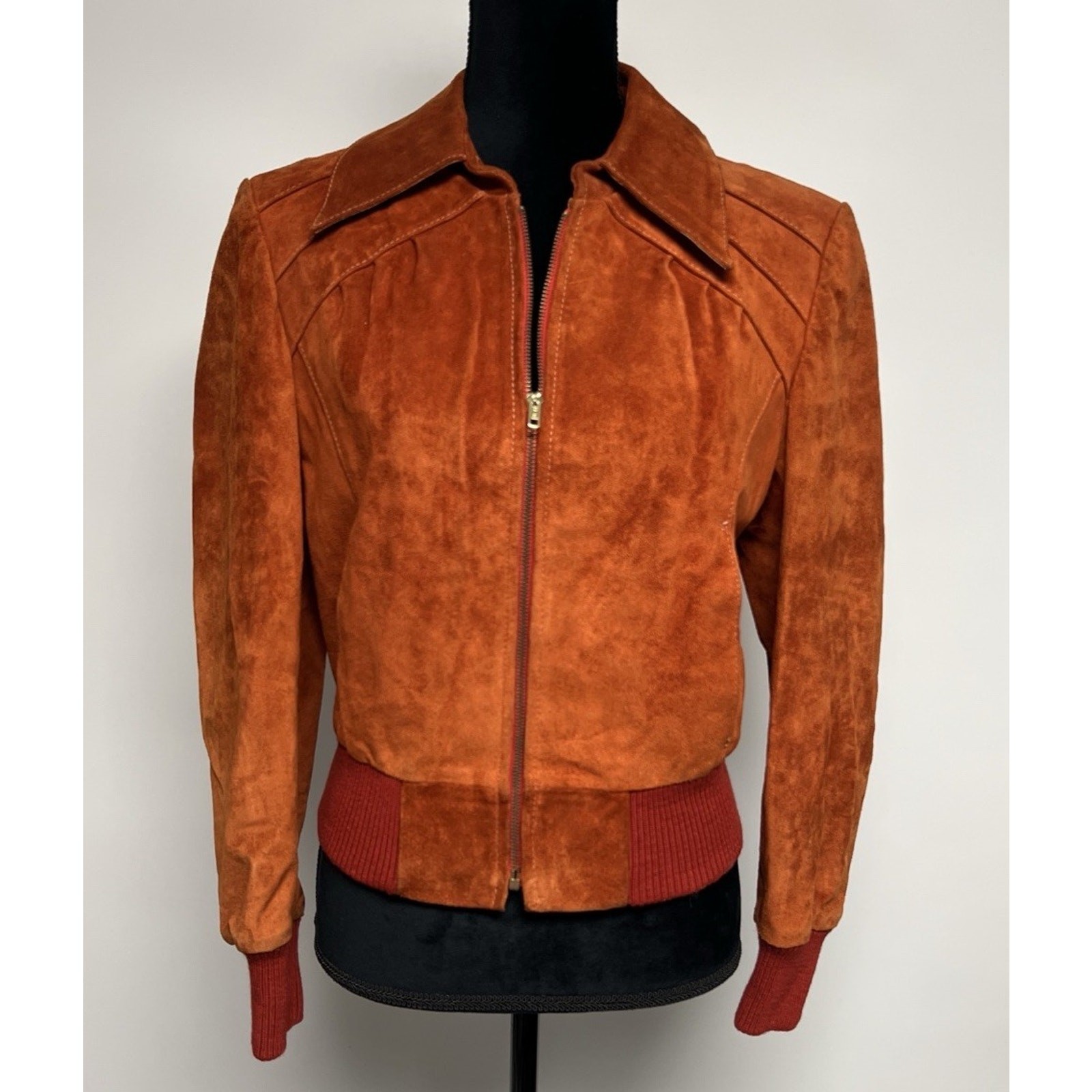 Vintage 1970&rsquo;s Rust Orange Suede Bomber Jacket Womens Small Leather Groovy 70s
