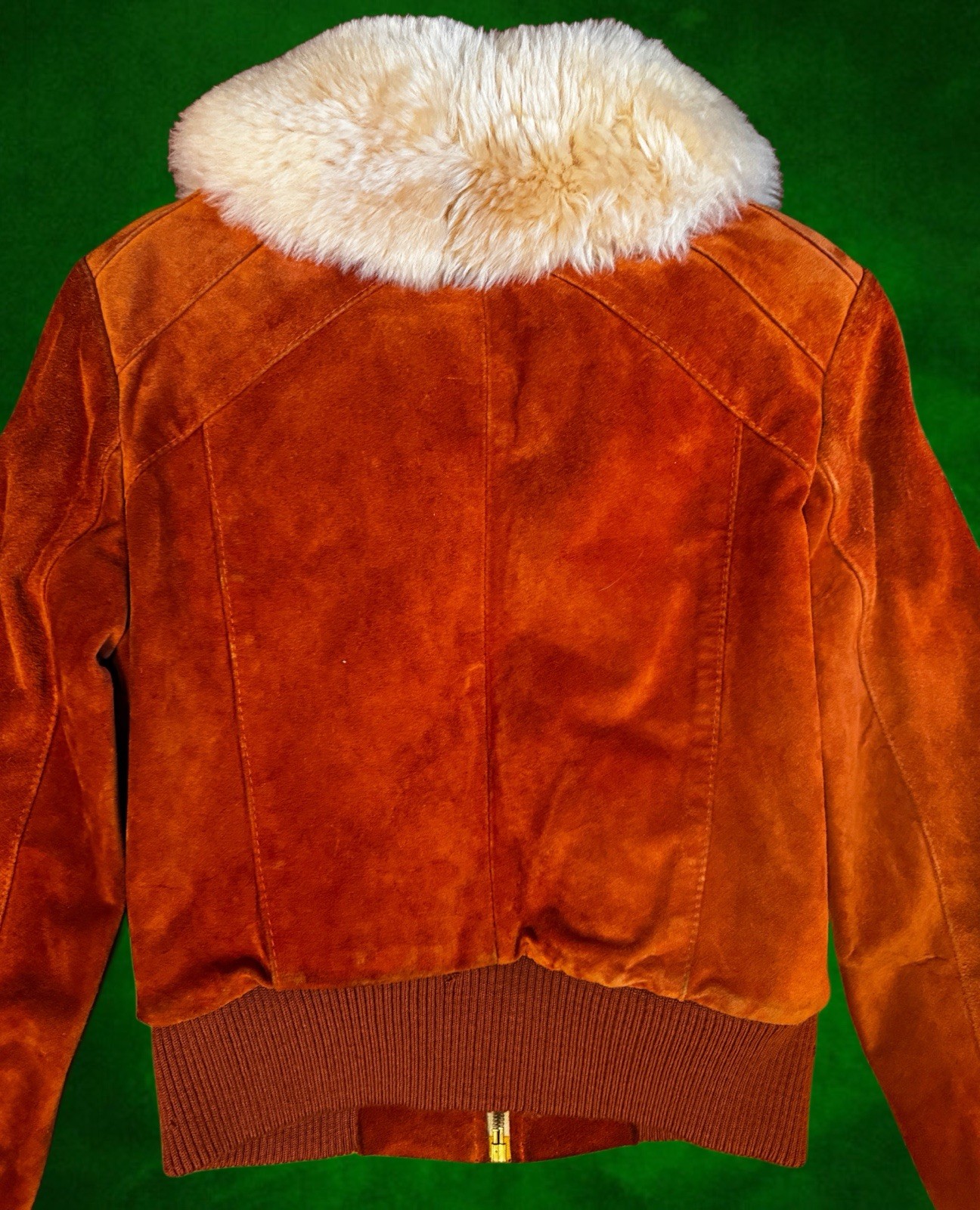Vintage 70s Rust Suede Bomber Jacket Uruguay Wool Collar Womens XS/S Cropped