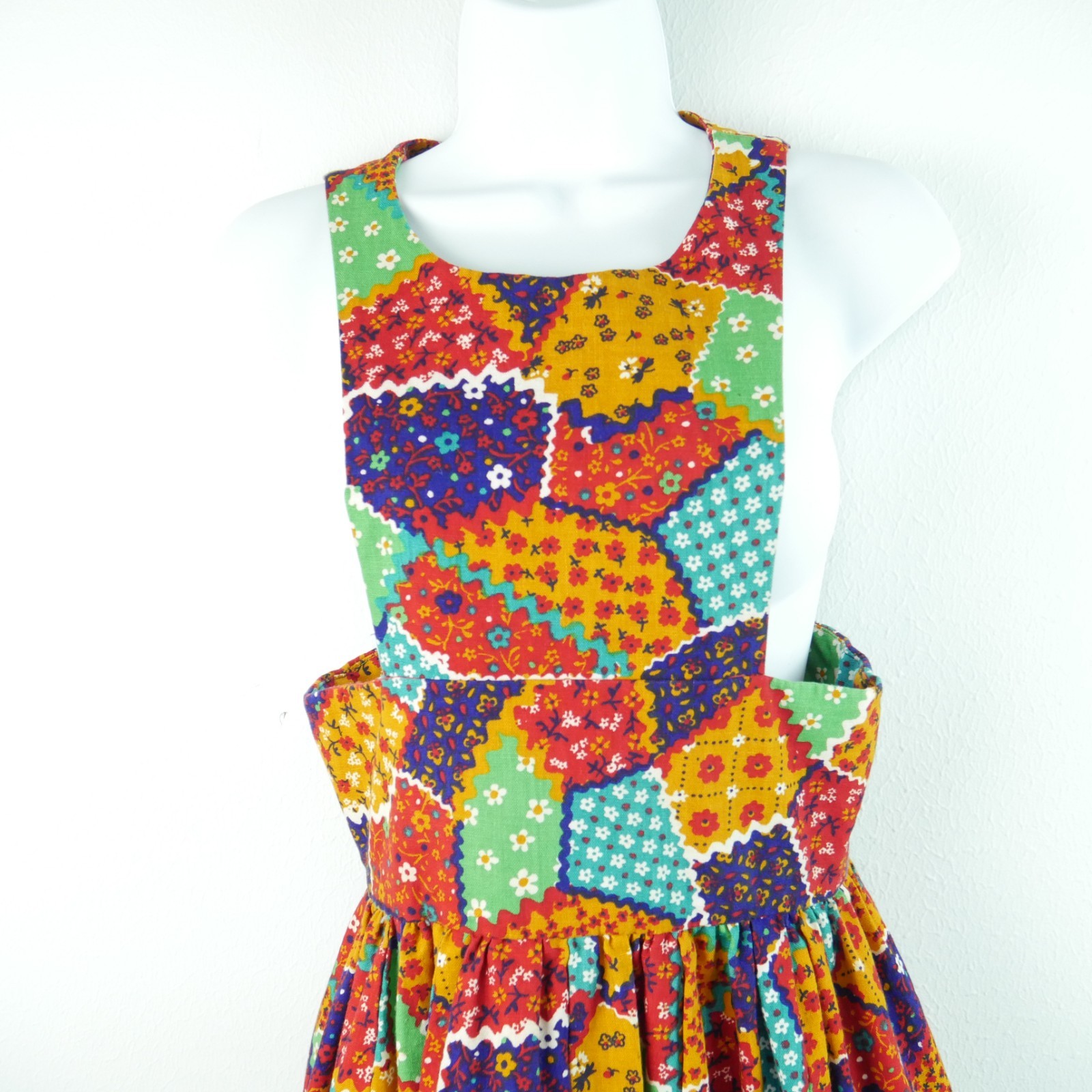 Vintage 70s Pinafore Maxi Dress Apron Patchwork XS S Cottagecore Prairie Ruffle