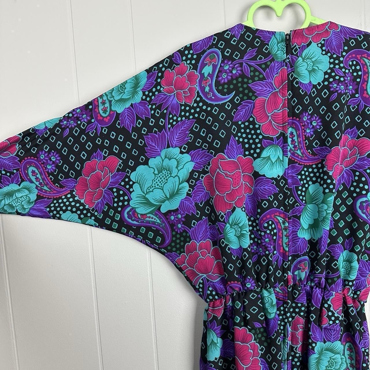 80s purple and black floral print dress with 3/4 sleeves