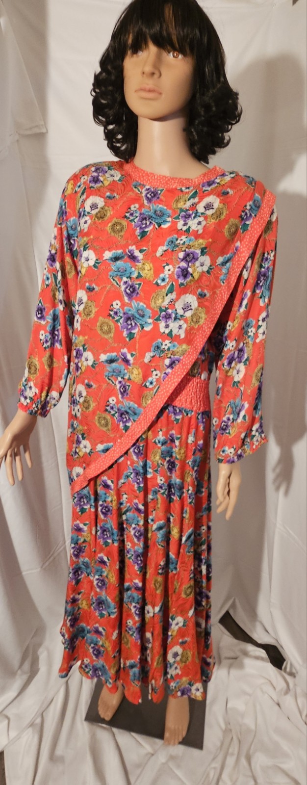 Vintage 80s Silk Floral Dress Polka Dot Print M Purple or Blue Periwinkle Summer