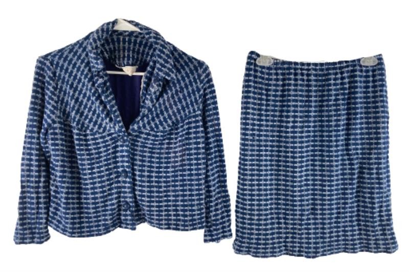 Vtg Carol Brent Blue Geometric 2-Piece Skirt Jacket Set Women&rsquo;s Size 18.5