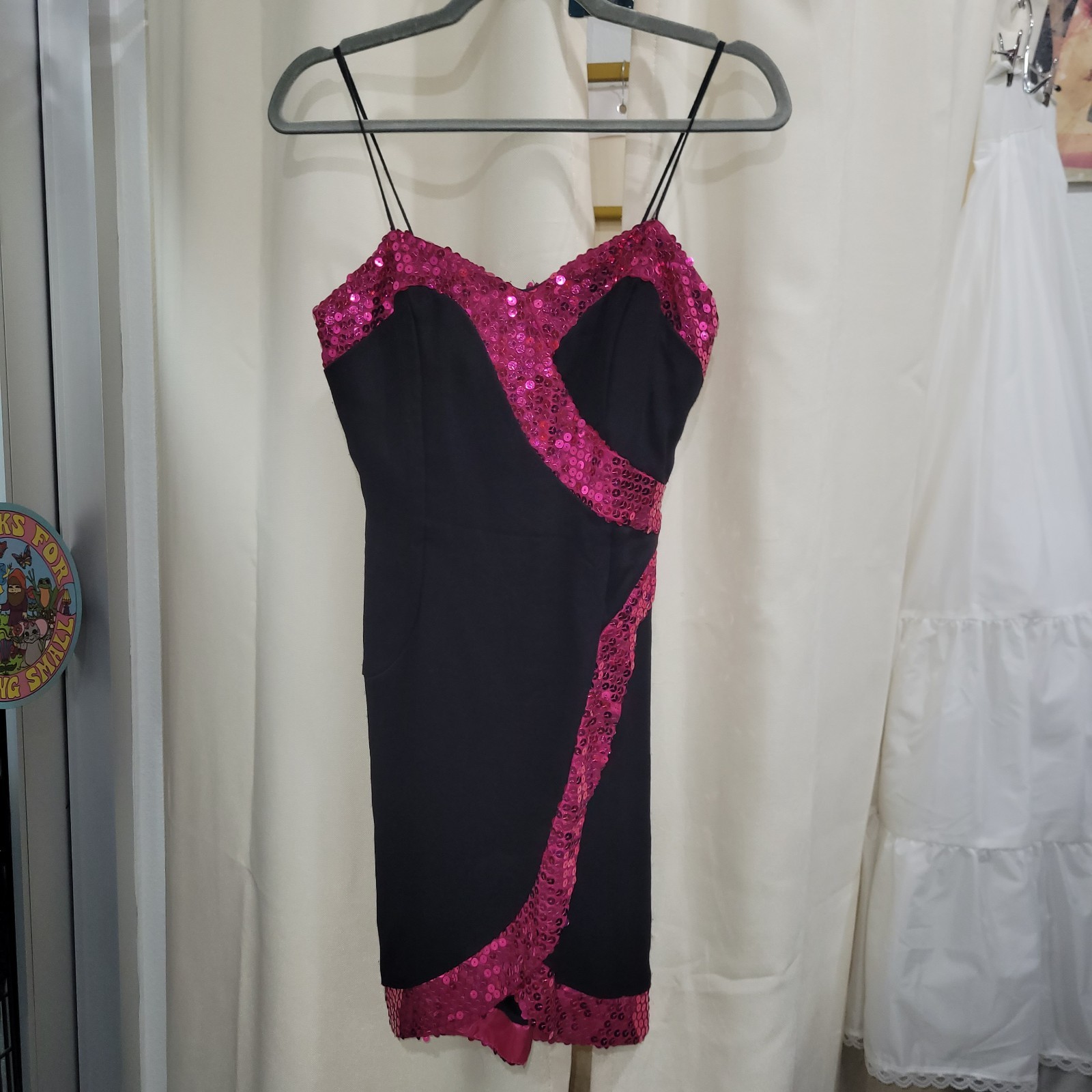 1980&rsquo;s Nadine Black & Pink Sequined SWEETHEART MINI DRESS
