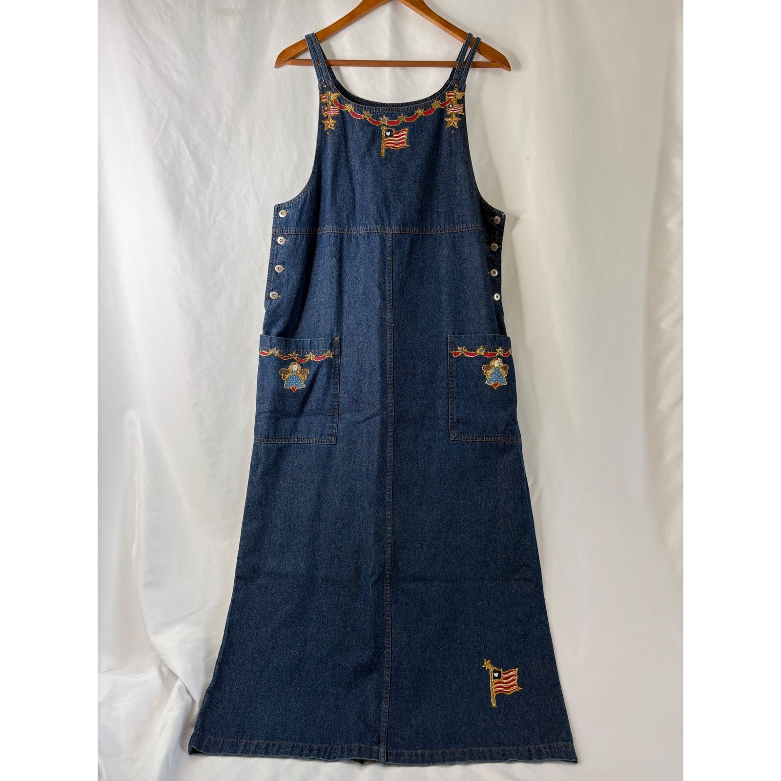 Vtg Basic Editions M Denim Jean Maxi Dress Blue Embroidered Flag Angel Patriotic
