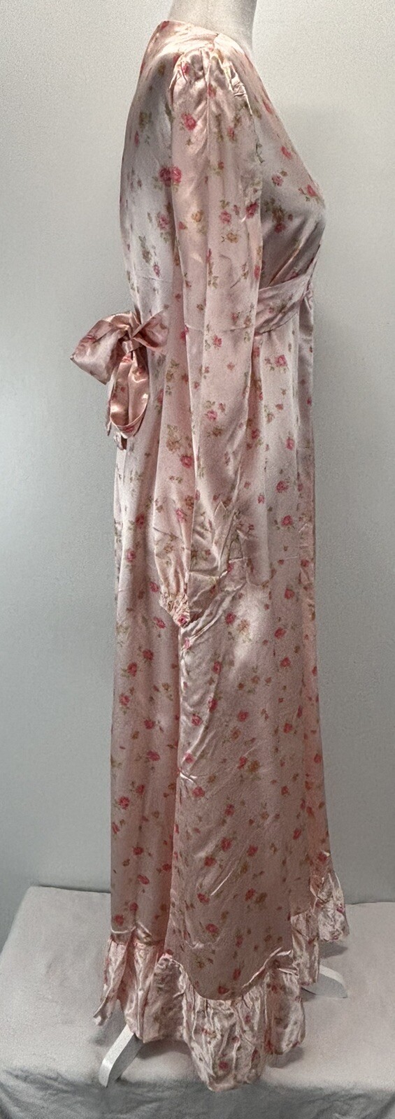 Vtg Handmade Satin Floral Gown Dress Pink Tie Back Cottage Core Prairie Long 70s