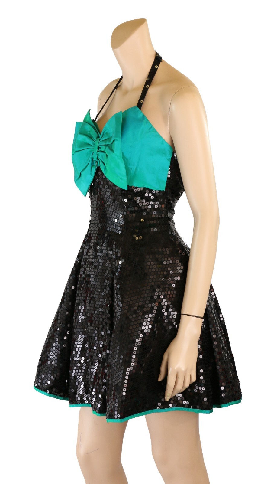 Flirtations Vintage 80s 90s Black Sequin Green Taffeta Party Prom Dress sz 3/4