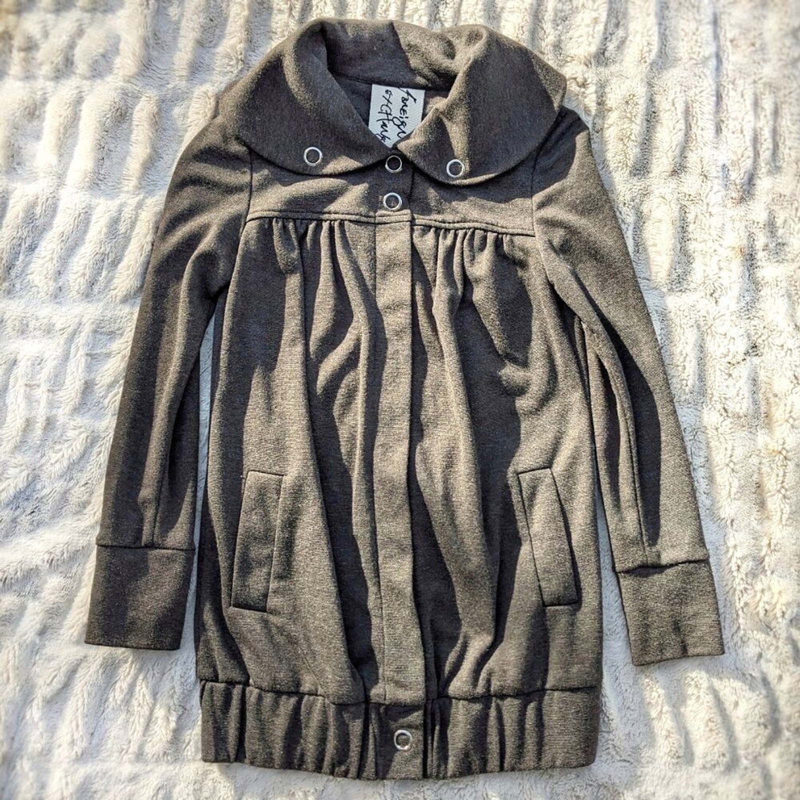 VTG Y2K Foreign Exchange Grey Jersey Snap Front Hip Length Coat w/Pockets, Sz S