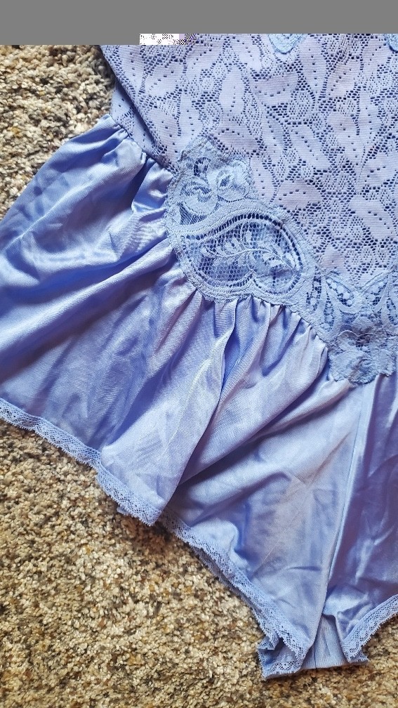 Vtg. OLGA Periwinkle Blue, Lace Bodice Formfit Teddy, Romper, Step-In Gown, XL