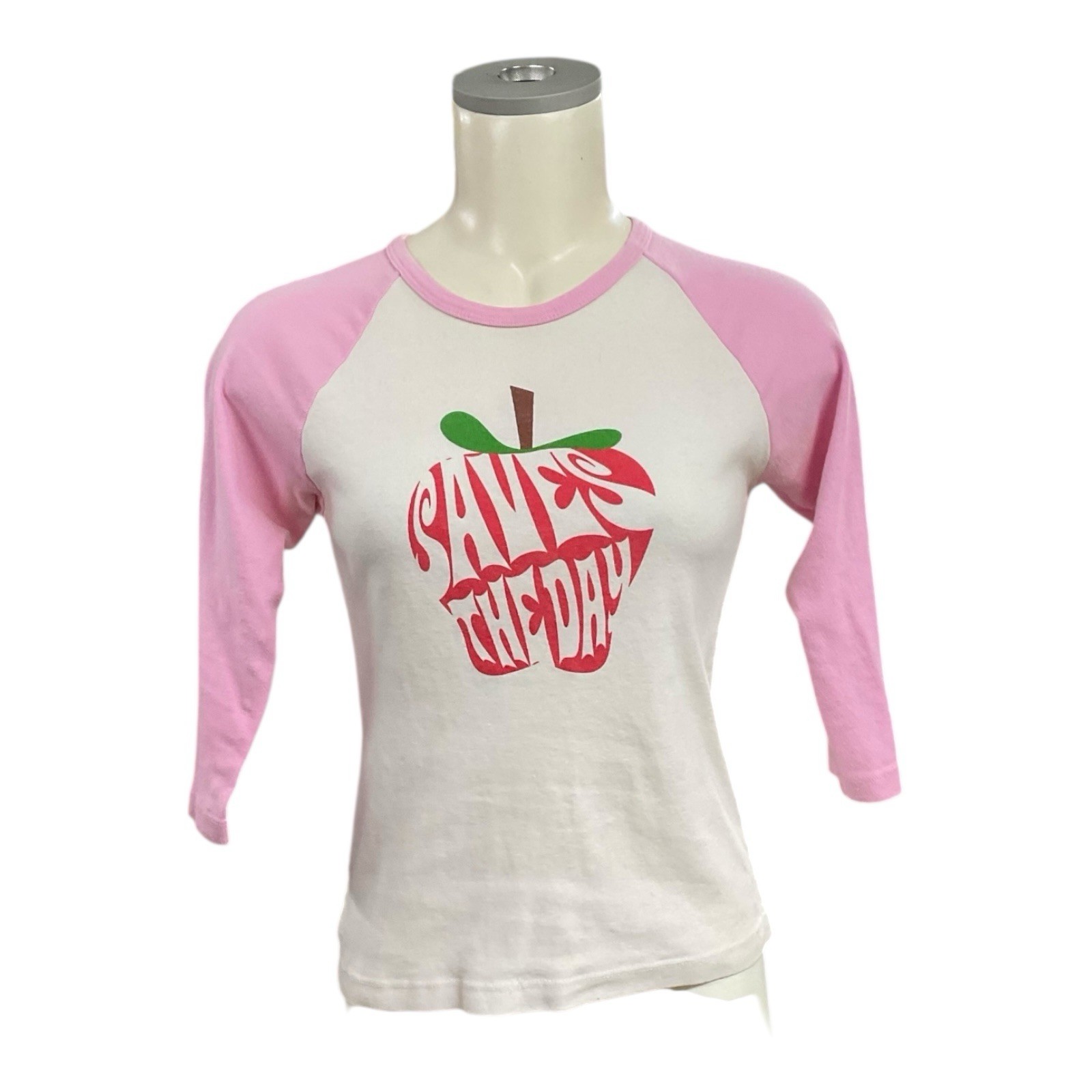 Vtg Y2K Saves The Day Tshirt Babydoll Jrs Sz M Pink White Apple Logo Henley