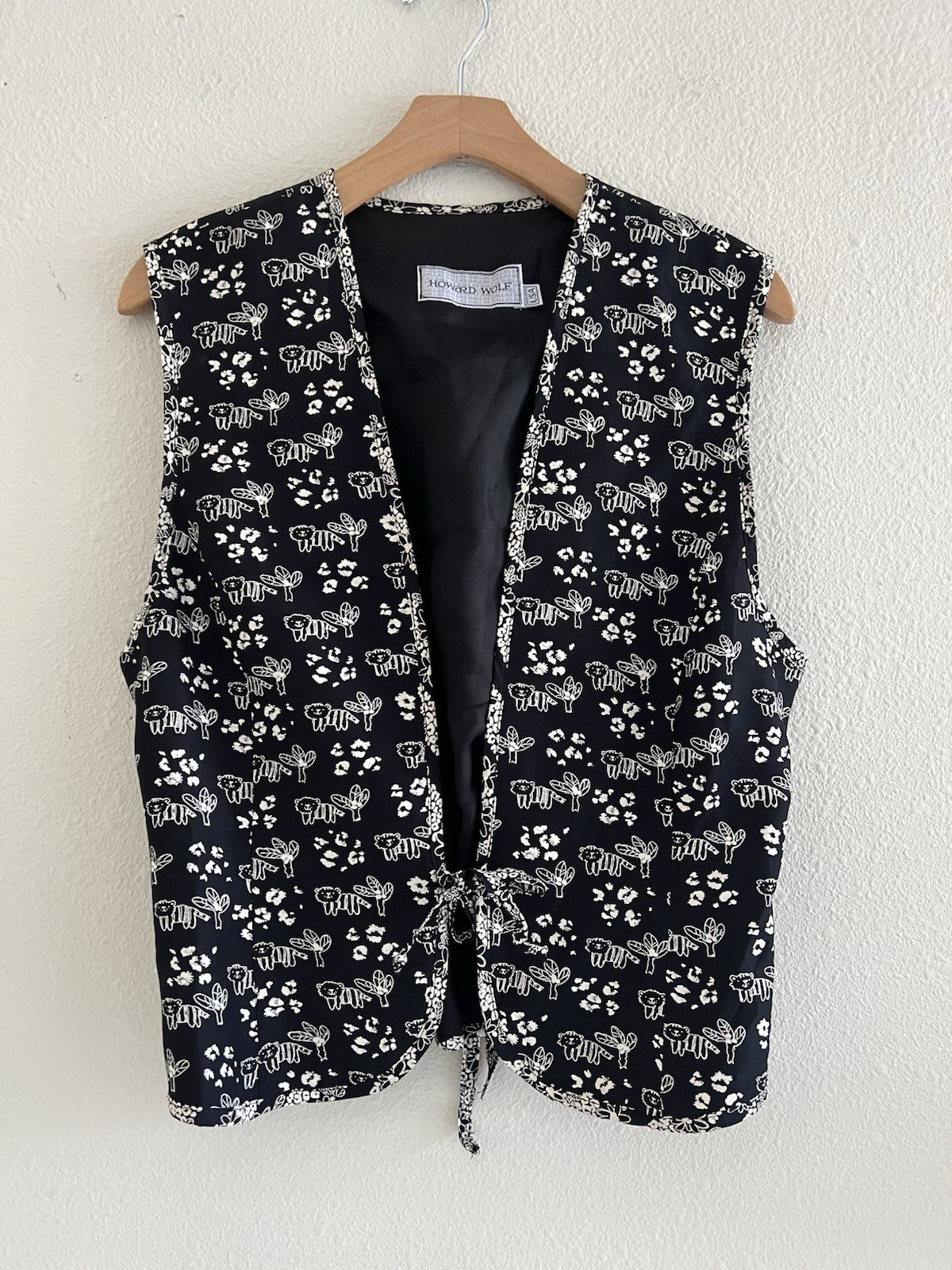 VTG Howard Wolf Tiger Cat Novelty Print Vest Black White Tie Front Small 8 Art