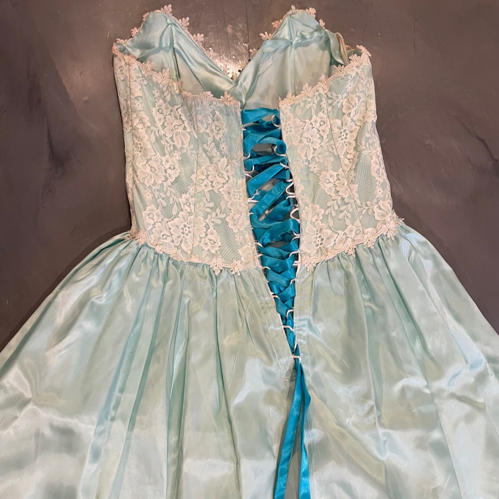 VTG Gunne Sax Jessica McClintock Aqua Lace Corset Midi Dress 9 Sweetheart READ