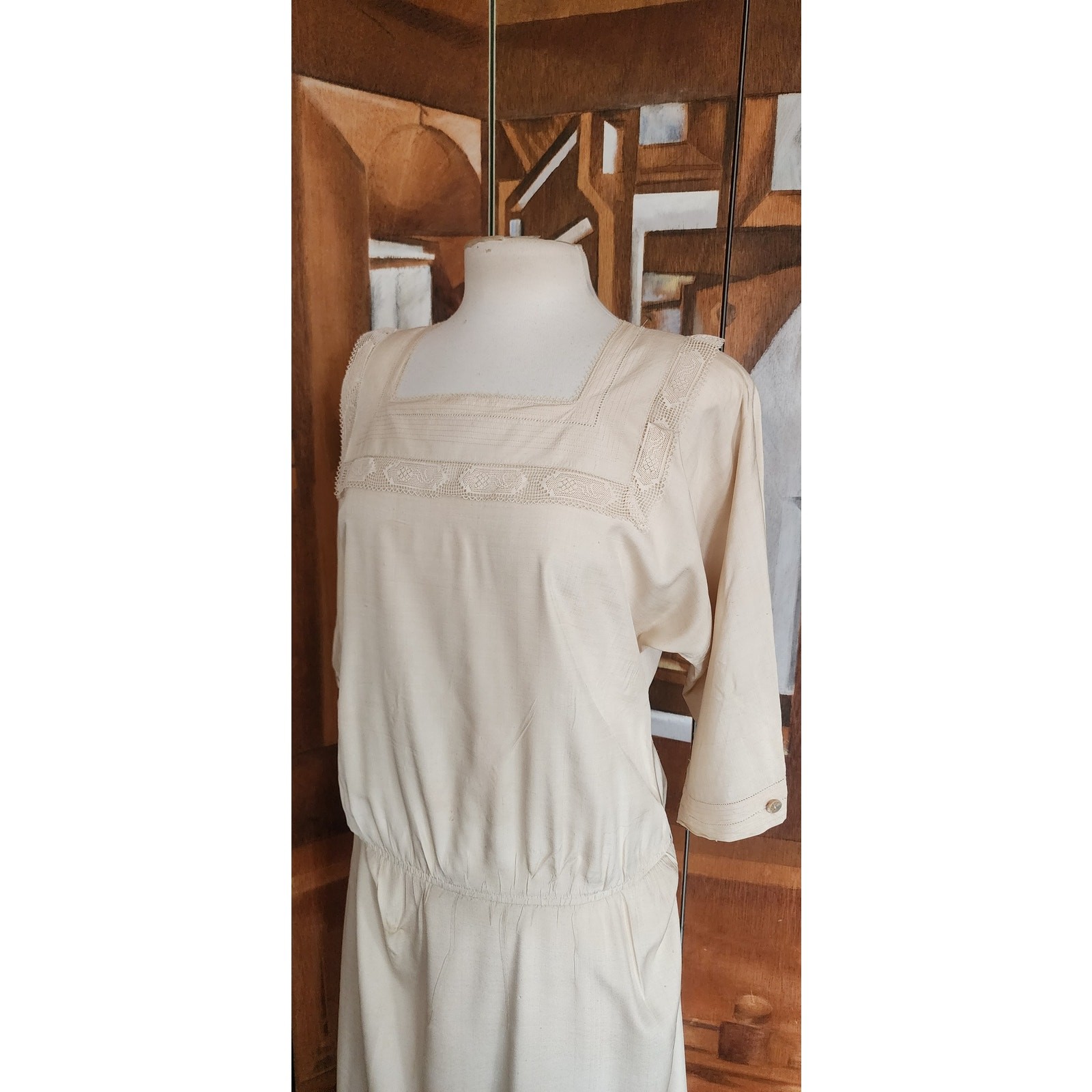 Vintage 80s Cream Silk Dress Lace Trim Edwardian Style Norma Walters