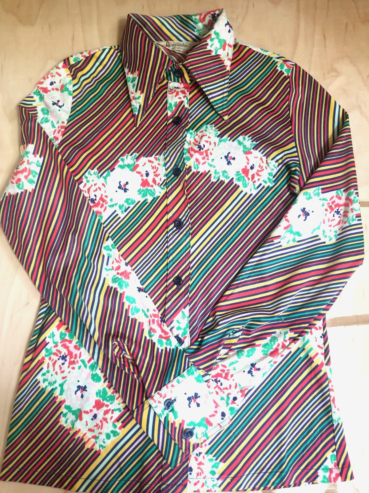 Vintage Alexander&rsquo;s 70&rsquo;s Floral and Stripe Colorful Fitted Shirt Sz S