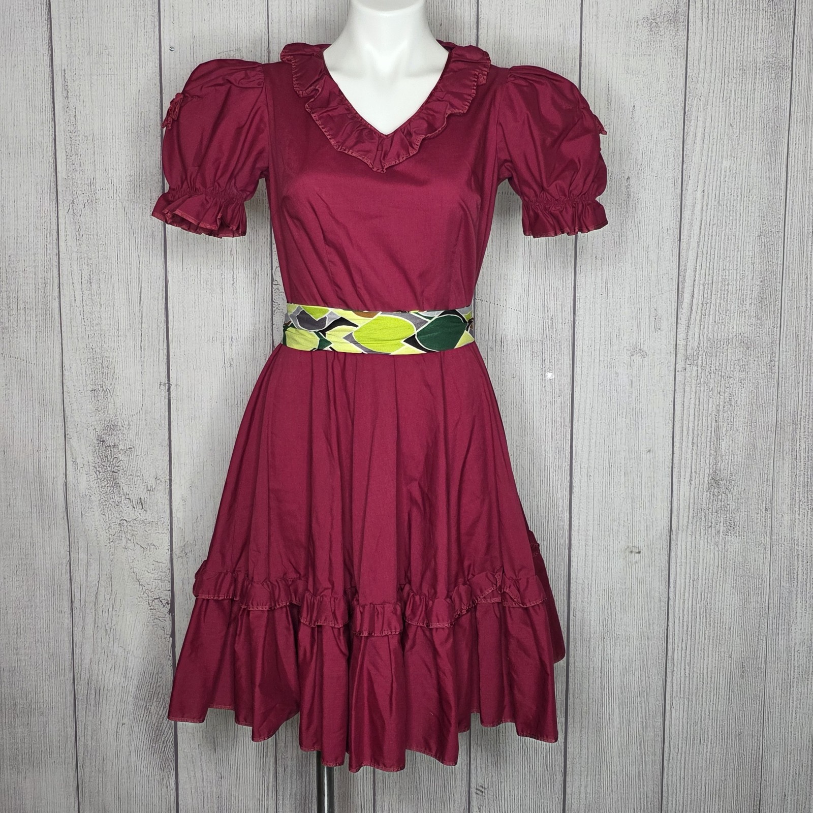 Vintage Malco Modes Raspberry Square Dance Prairie Dress Puff Sleeve Size 10