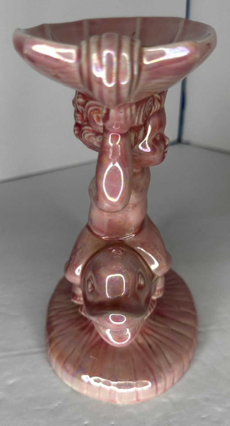 Holland Mold Ceramic Pink Iridescent Cherub on Dolphin Trinket Soap Dish – 1979