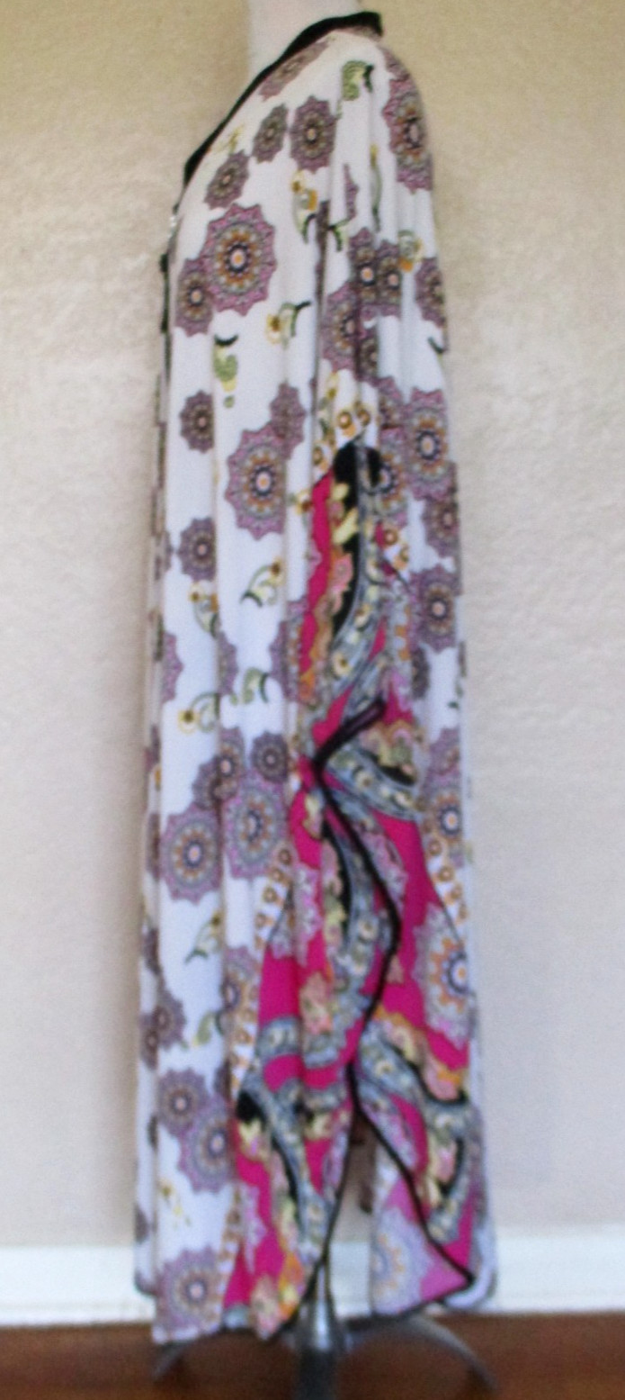 Diamond Tea Zip Up Caftan Robe Batwing Style L Women White Black Multicolor