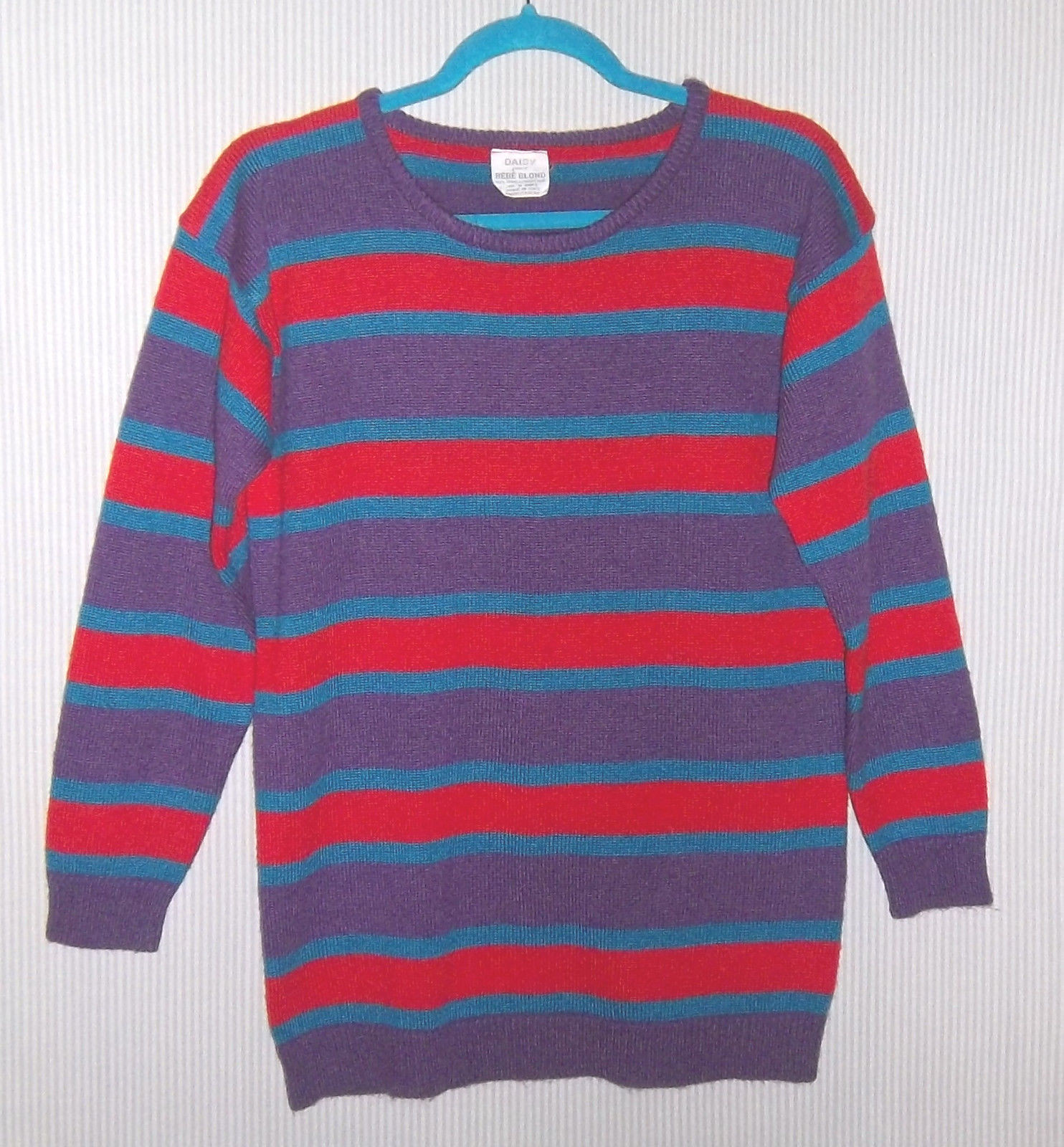 Vintage 80s MoD Sweater Size M Bust 36~38&Prime; Purple Red Teal Stripes mOd 1980s S/M