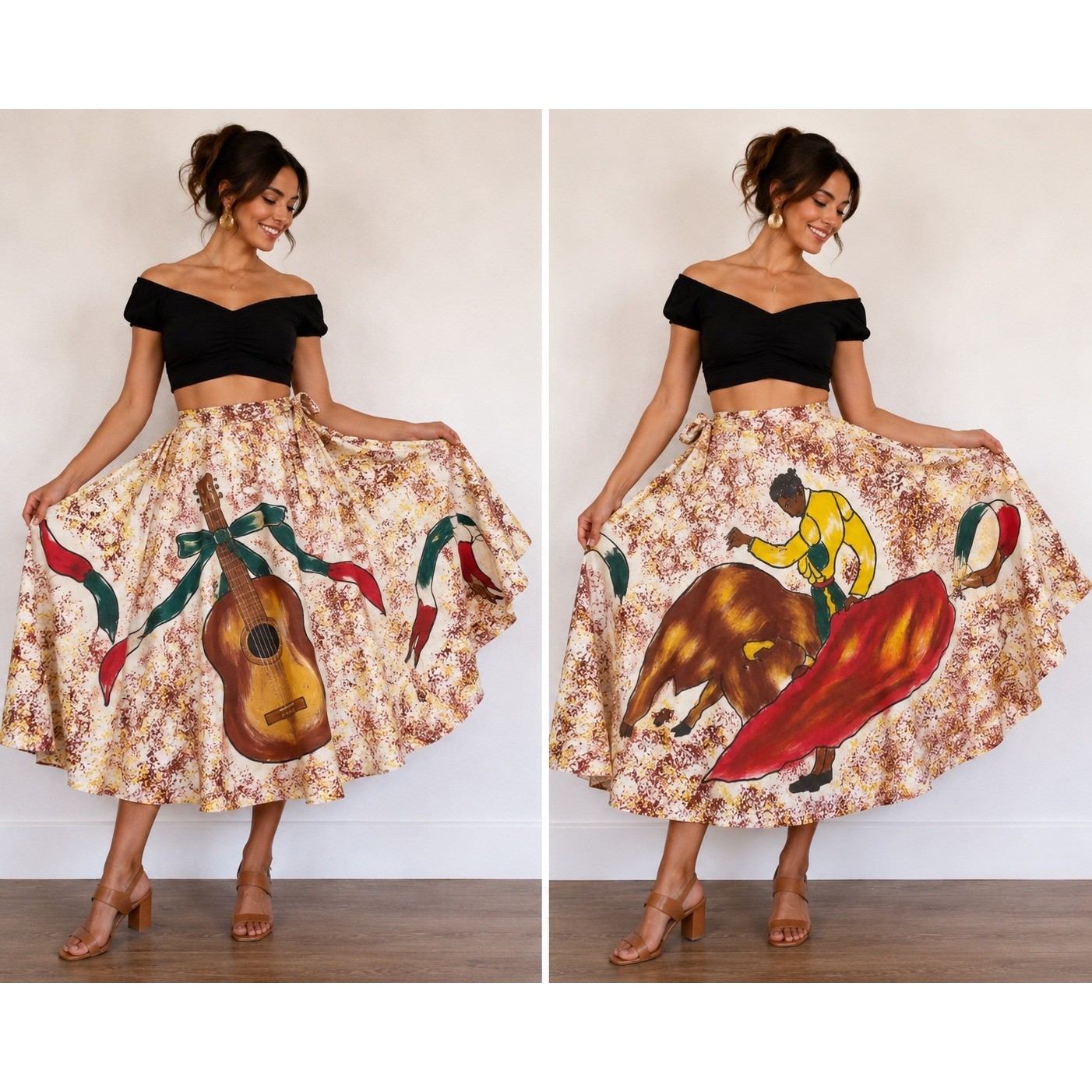 Vintage Creaciones Mexicanita Hand Painted Circle Skirt Mexico Bullfighter Art