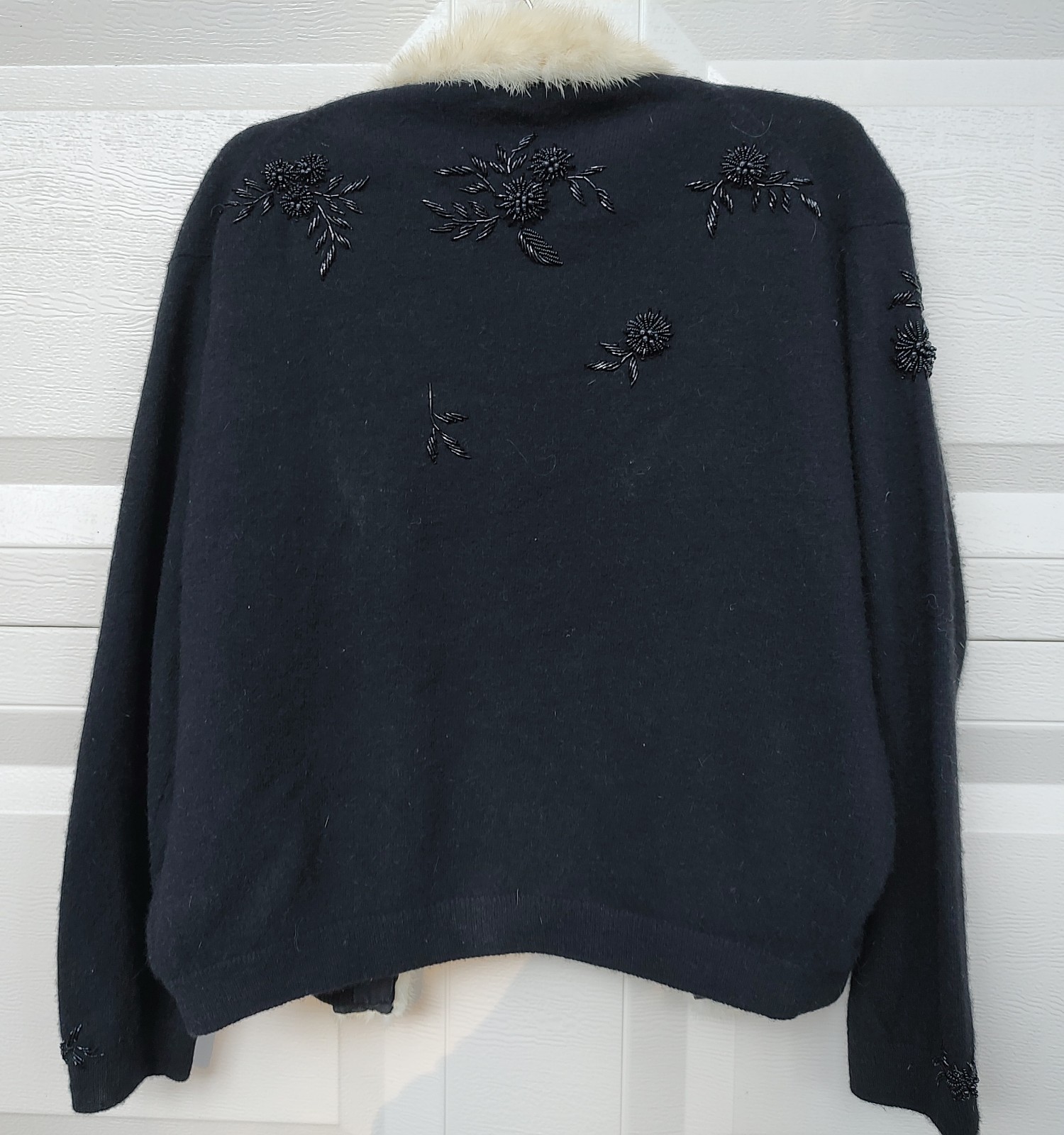 Vintage Black Wool Beaded Cardigan w/ Real Mink Fur Collar –Lined- Hong Kong
