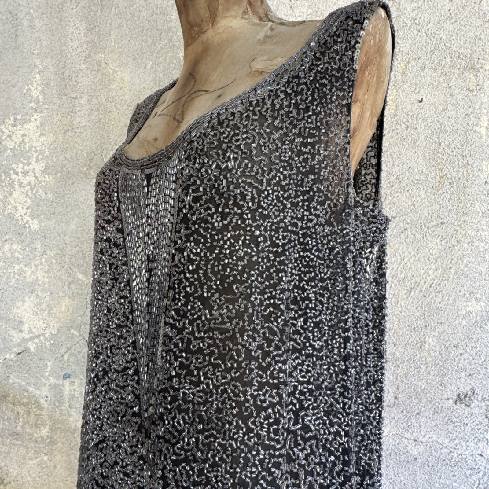Antique 1920s Completely Silver Icy Beaded Gown Sequins Dress Scalloped Hem VTG