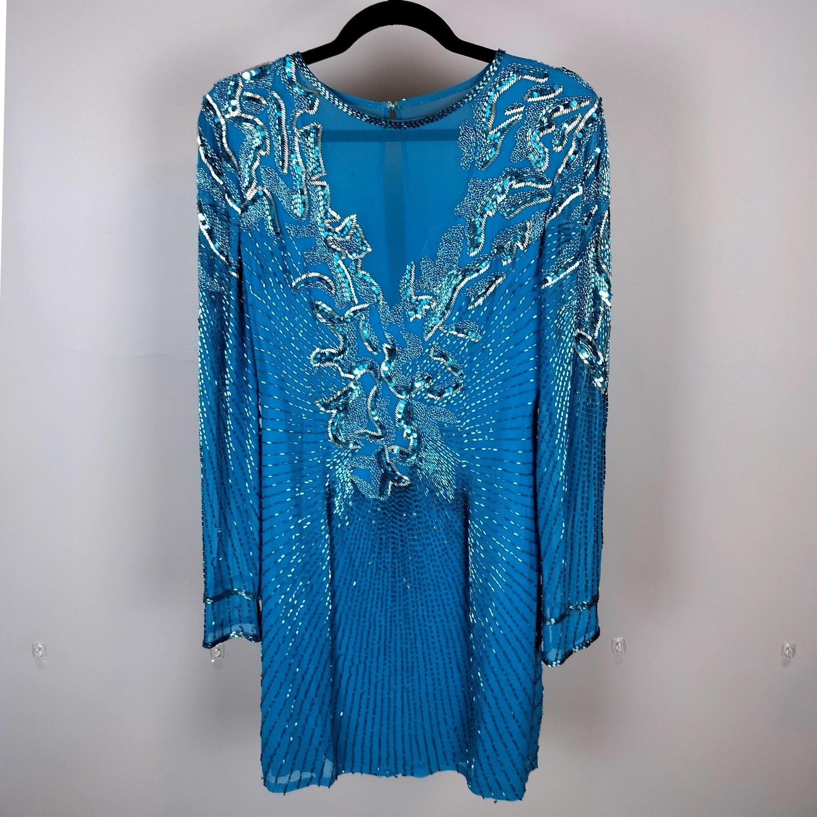 Vintage Liptons Silk Beaded Sequin Mini Dress Teal Blue Illusion Neck Cocktail