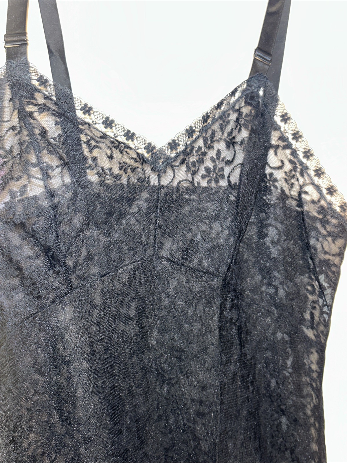Vintage Pinehurst Black Lingerie Full Floral Lace Sheer Slip Dress Gown 36