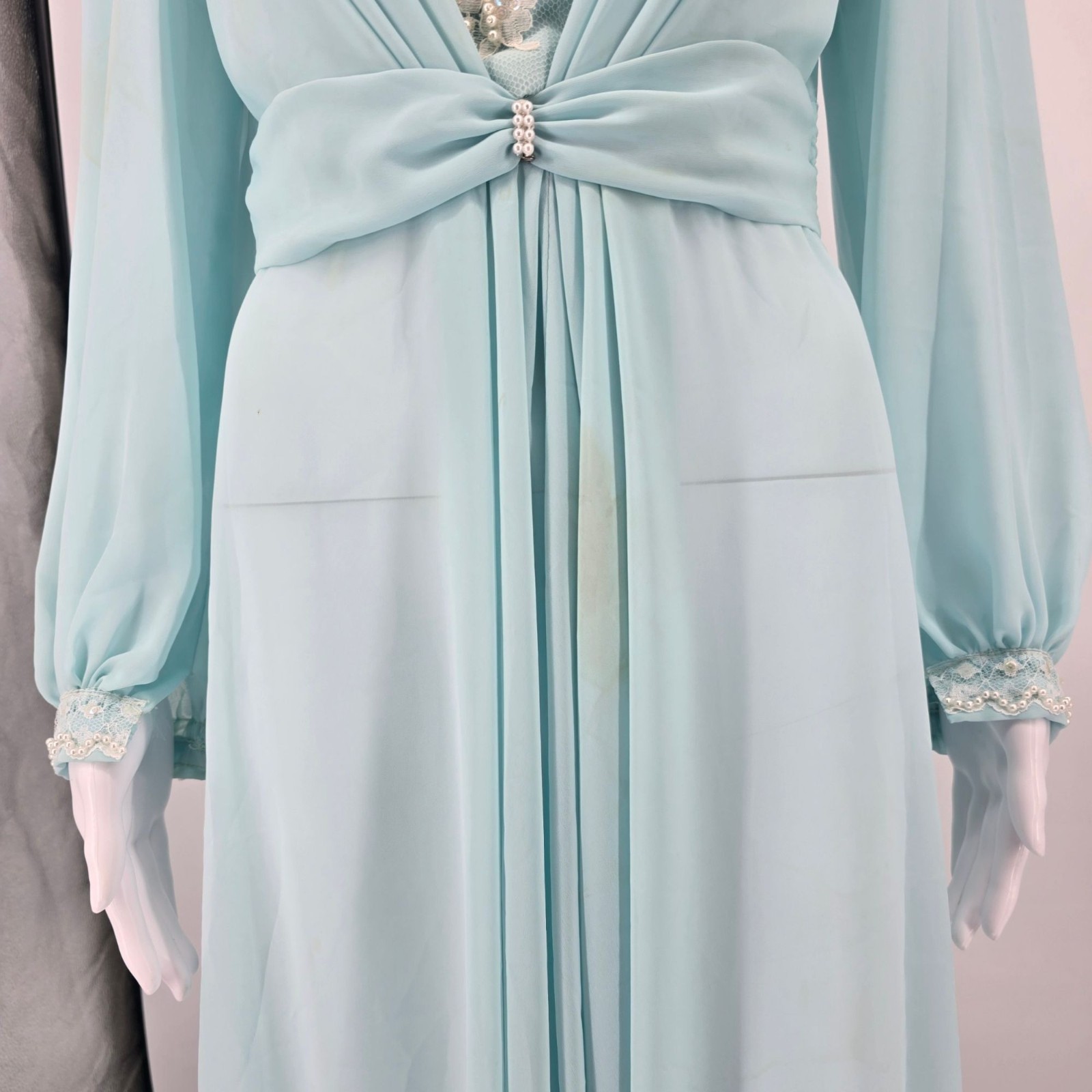 Vintage 1970s Powder Blue Chiffon Beaded Bodice Formal Maxi Dress/Gown (M)