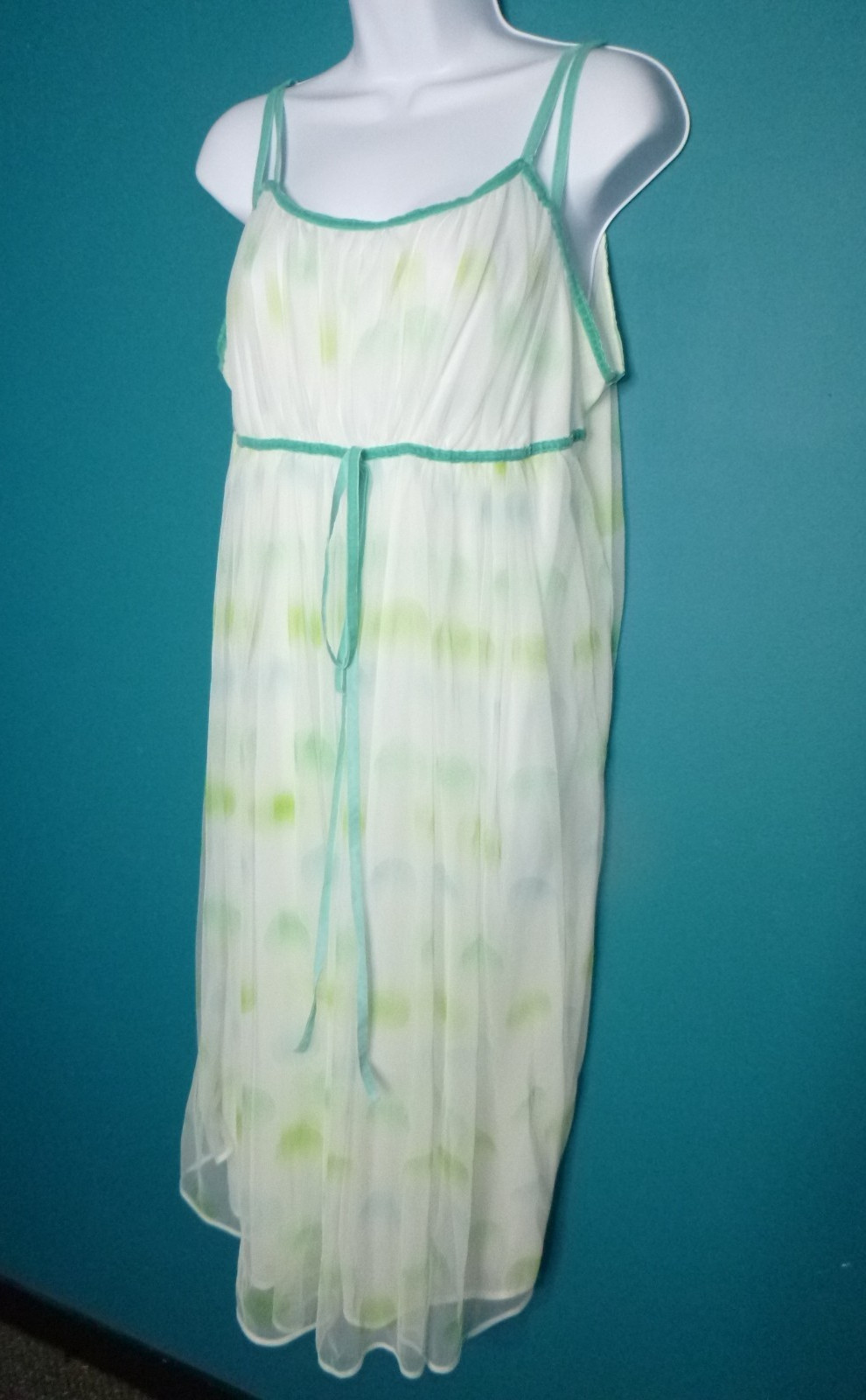 Vtg 50s Charmode Double Layer Chiffon Nylon Nightgown White Green Blue Dots S/M