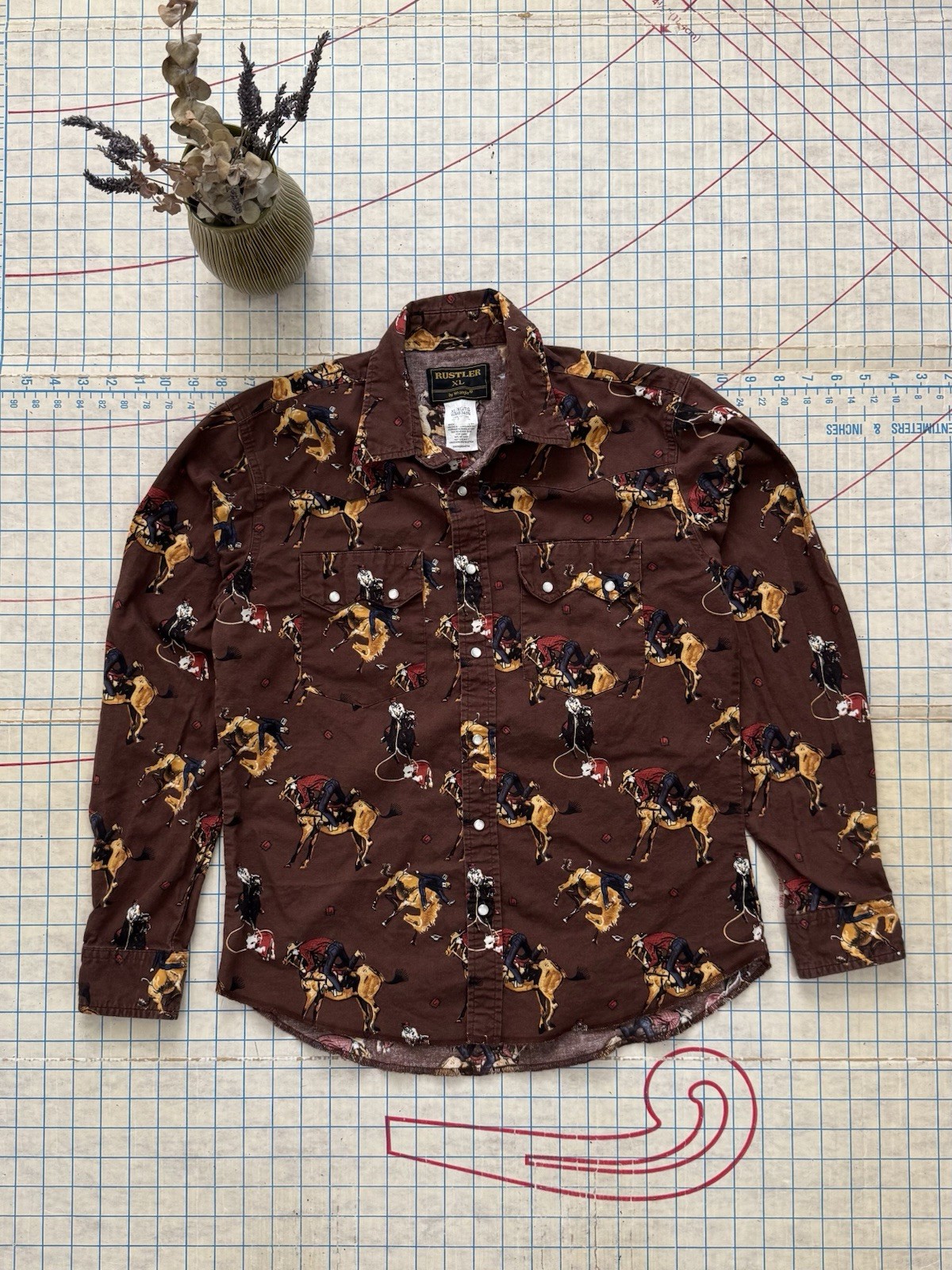 Vintage Rustler by Wrangler Pearl Snap Button Up Brown Fits Womens Small
