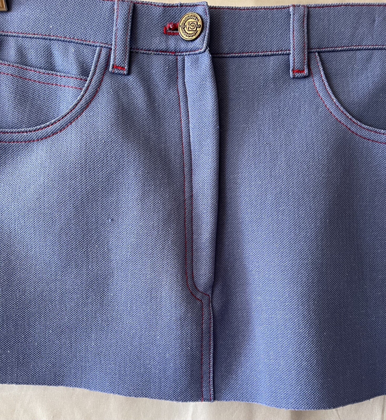 VINTAGE 70&rsquo;S GRAFF CALIFORNIA WEAR BLUE POLY SHORT MINI SKIRT, 28&Prime; WAIST, EUC