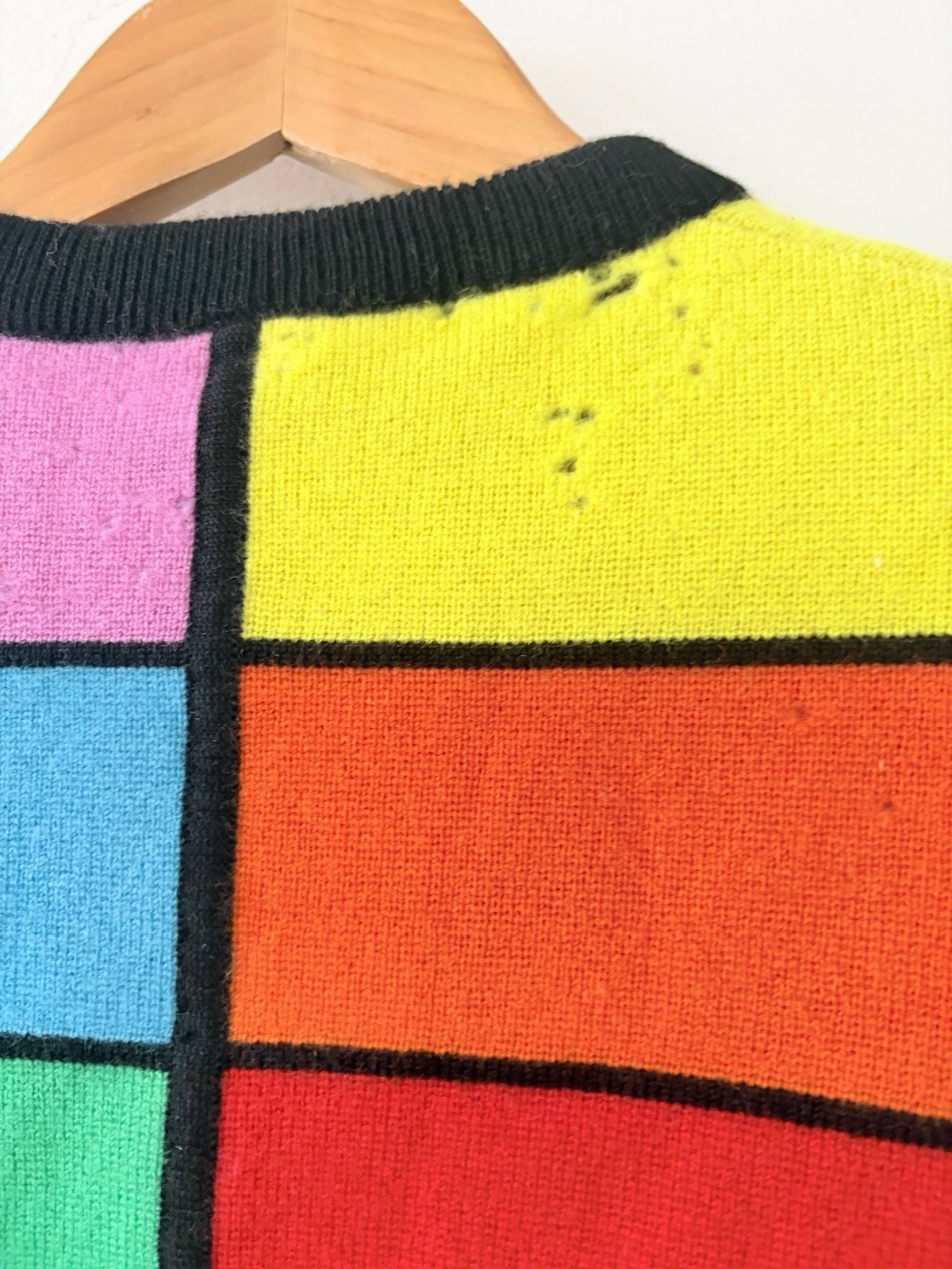 1960s Mod Geometric Color-Block Day Glo/Rainbow Wool Crewneck Sweater AS IS