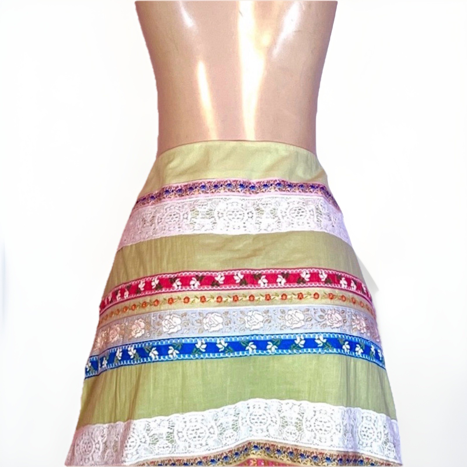 VINTAGE PAMELA BROWN GREEN MULTI EMBROIDERED A LINE FULLY LINED SKIRT 12