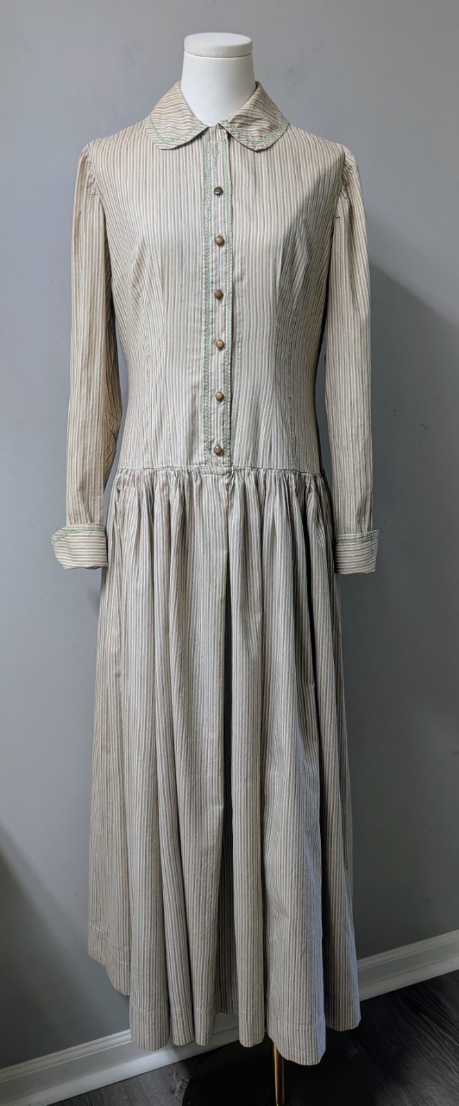 Antique 20&rsquo;s Utility Day Dress Calico Dot Stripe Prairie Farm Tiny Ric Rac S/M