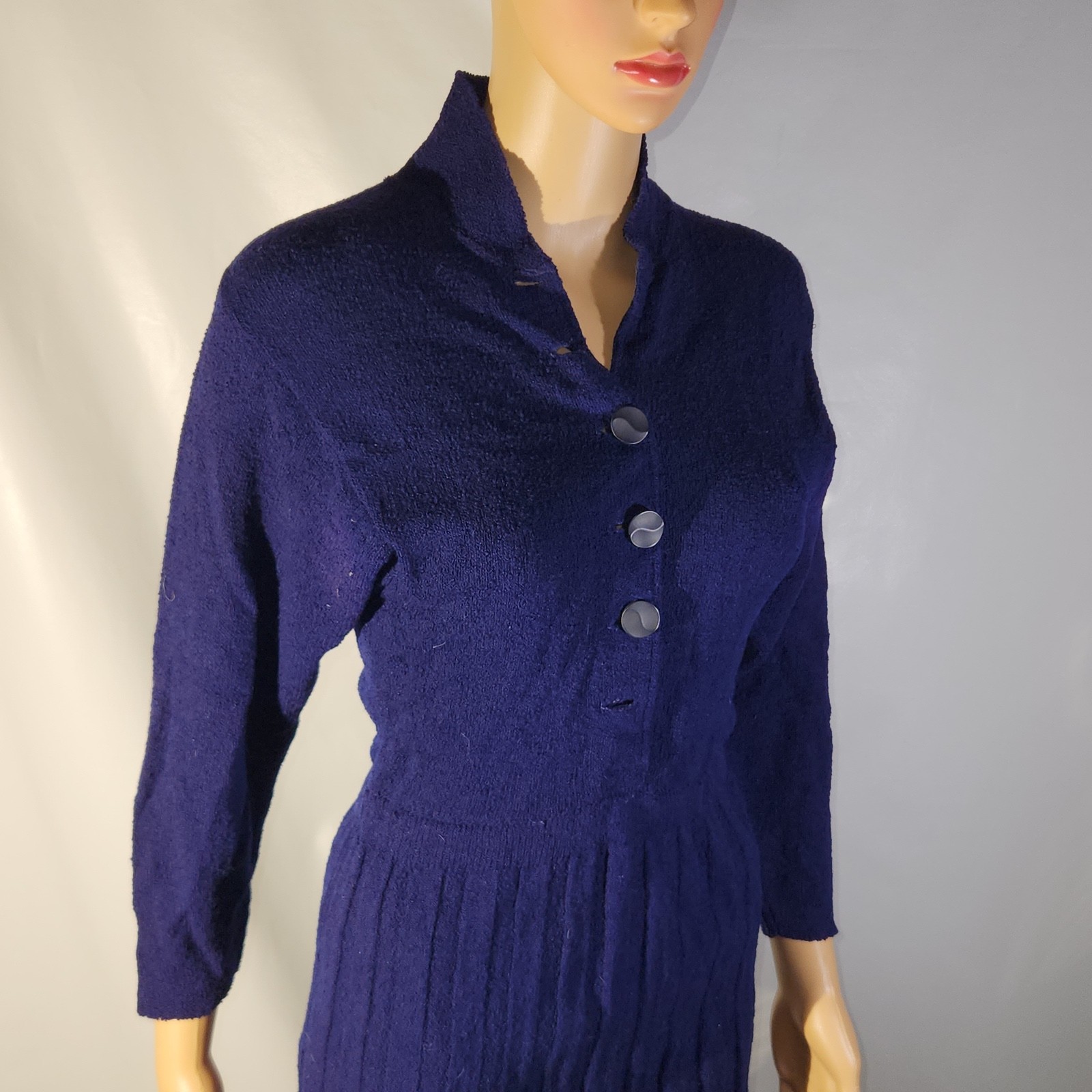 Vintage 1950s Wool Rayon or Nylon Knitted Sweater Dress Skirt Blue MCM 50s