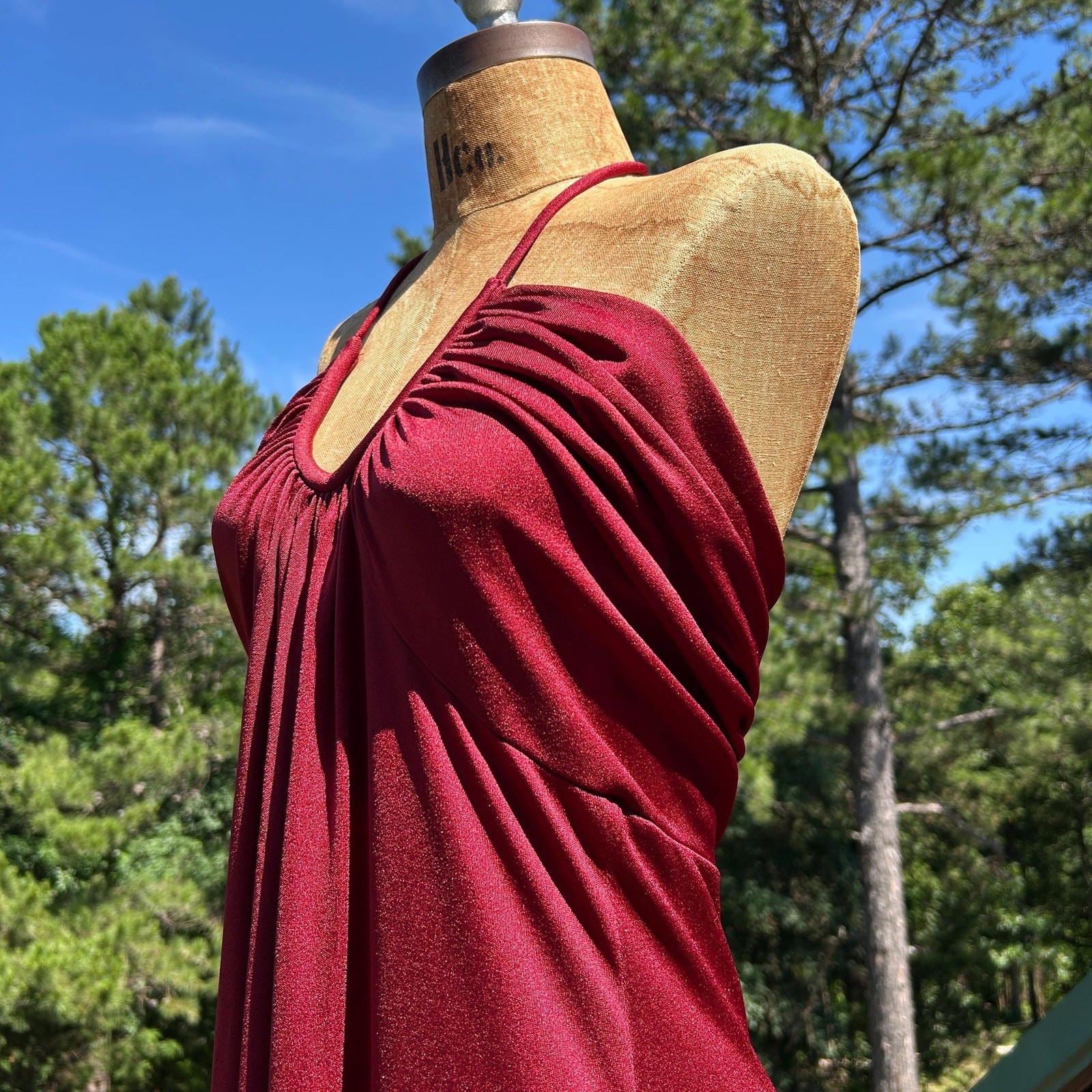 Vintage 70s Rusty Red Draped Gathered Grecian Empire Waist Flowy Maxi Dress S