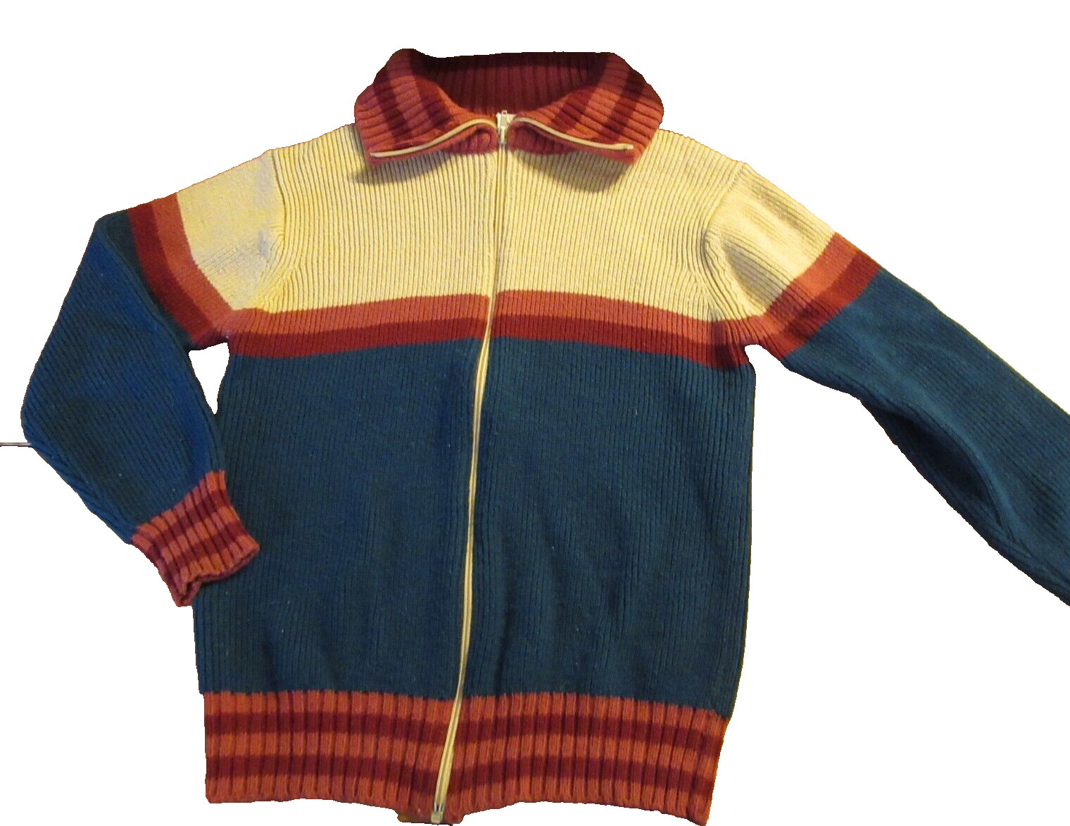 Vintage 1970s zip front collared cardigan stripe dark Teal Rose Maroon Sz M