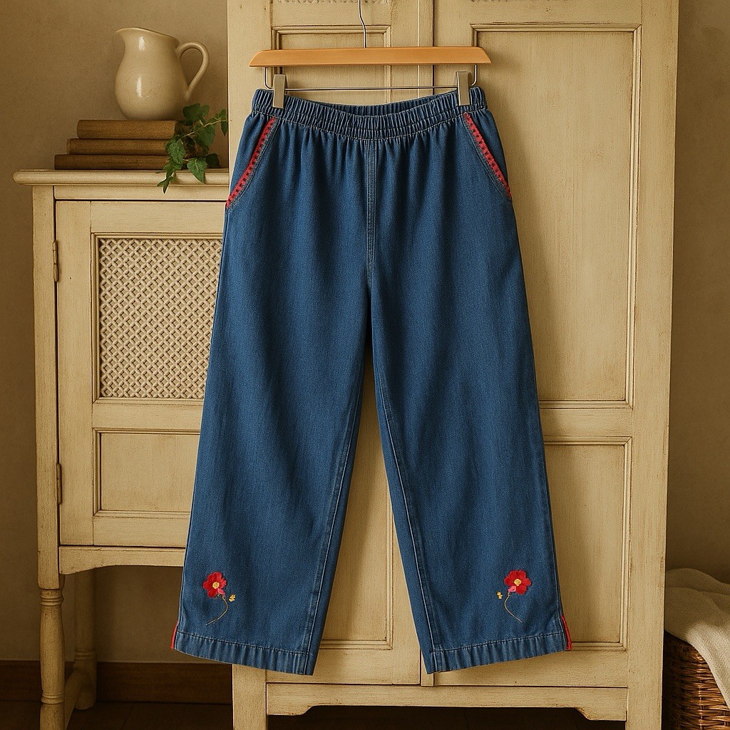 Vintage 90s Erika Embroidered Denim Pants – 100% Cotton Nepal – Elastic Waist XL