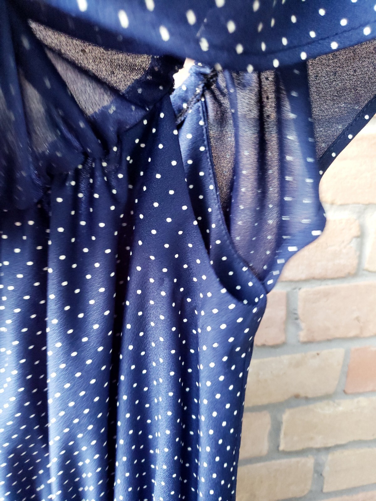 VTG 70s Blue Polka Dot Off Shoulder Ruffle Sundress Sz M? 40&Prime;-46&Prime;B 24&Prime;-44&Prime;W