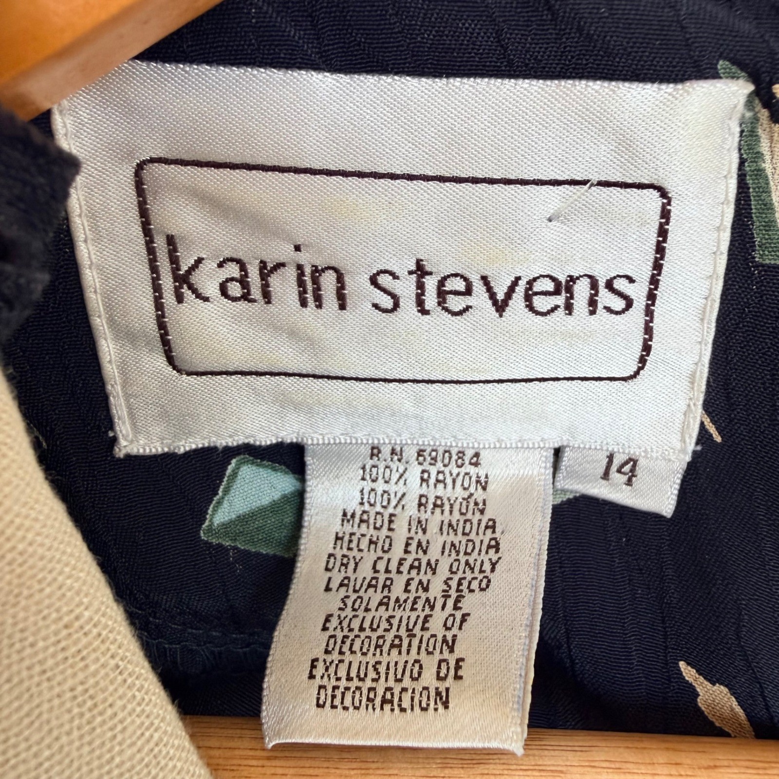 Karin Stevens Navy Blue Geometric Print Midi Dress Lace Collar Beaded Vintage 14