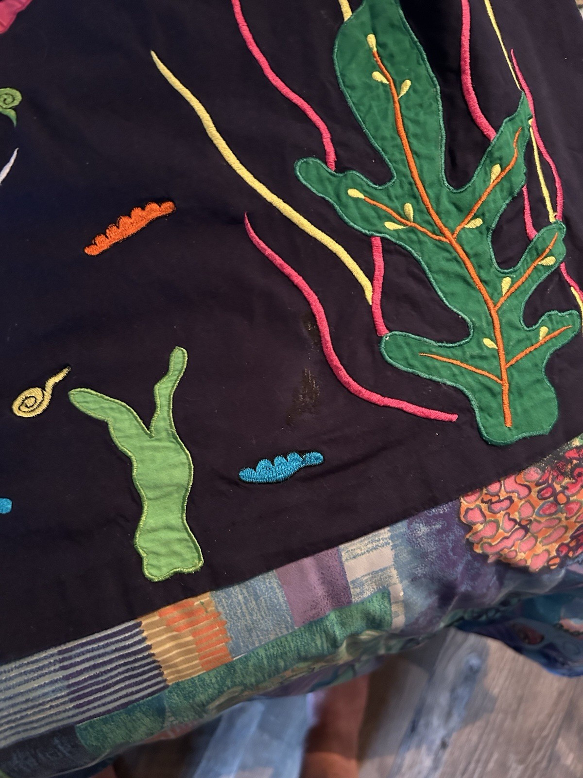 VINTAGE 1980’s1990’s MUUMUU EMBROIDERED OCEAN THEME HOUSE DRESS – XL AWESOME