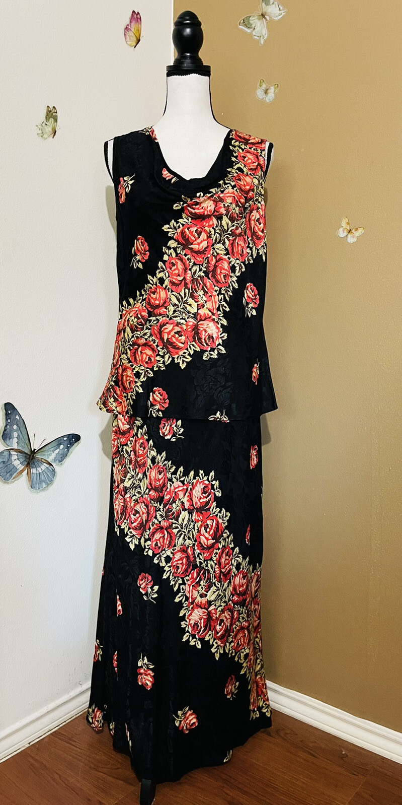 Vintage April Cornell Womens Sz M Skirt Set 2 Pc Midi Skirt Black Red Floral