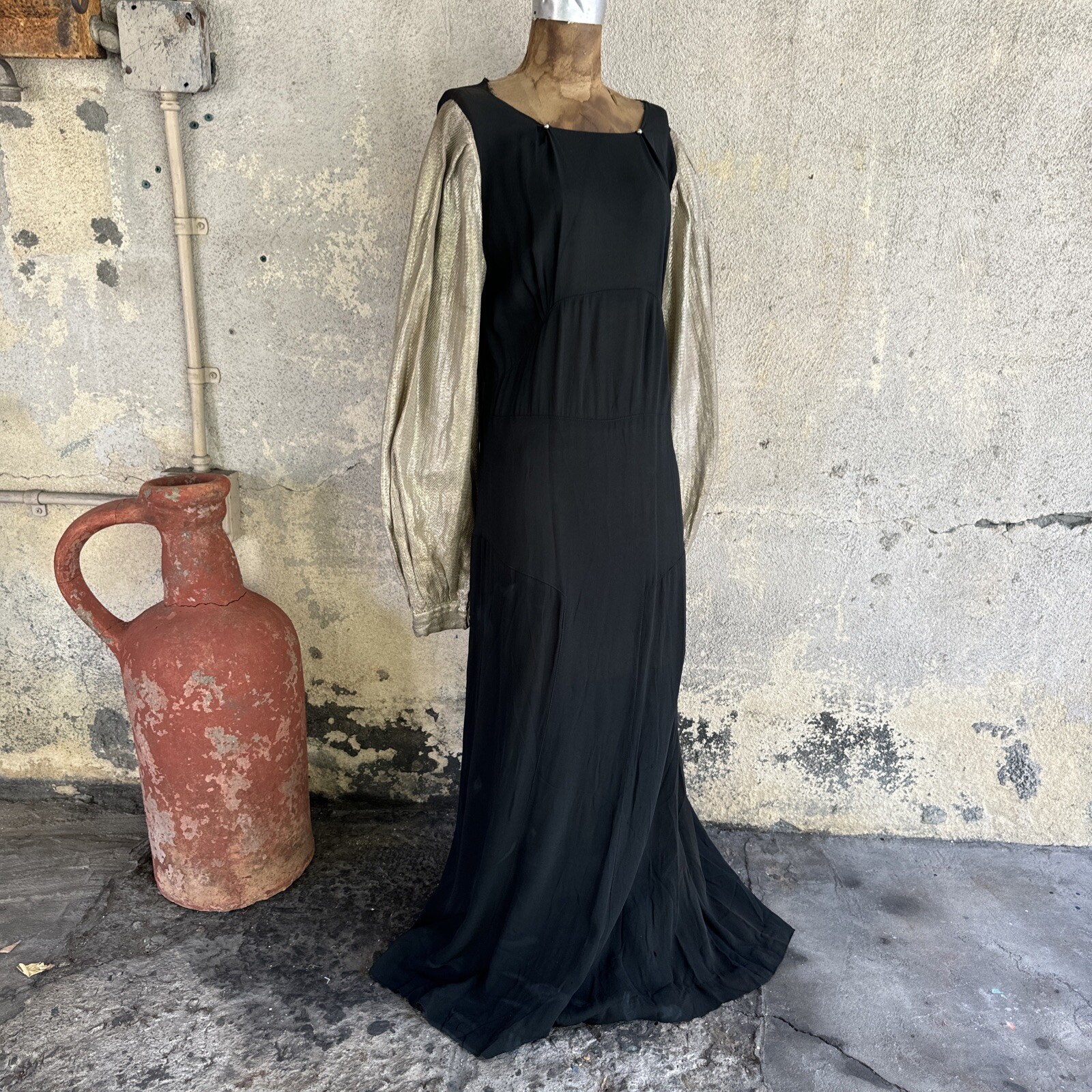 Vintage 1930s Black Silk Dress Silver Lamé Balloon Sleeves Metal Bead Accents