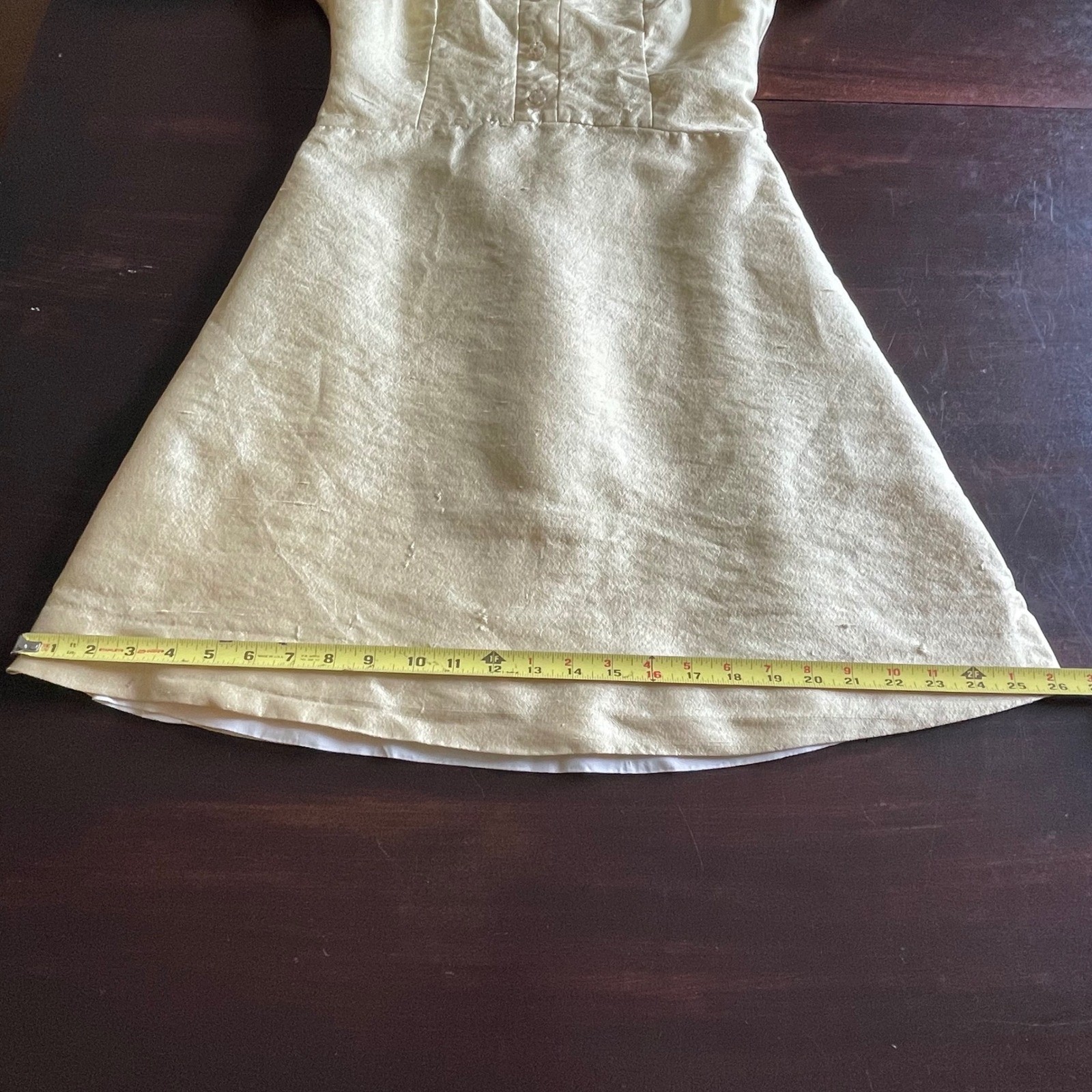 Vintage 60s Maxime of California Yellow Shantung Shift Dress Rhinestone Button