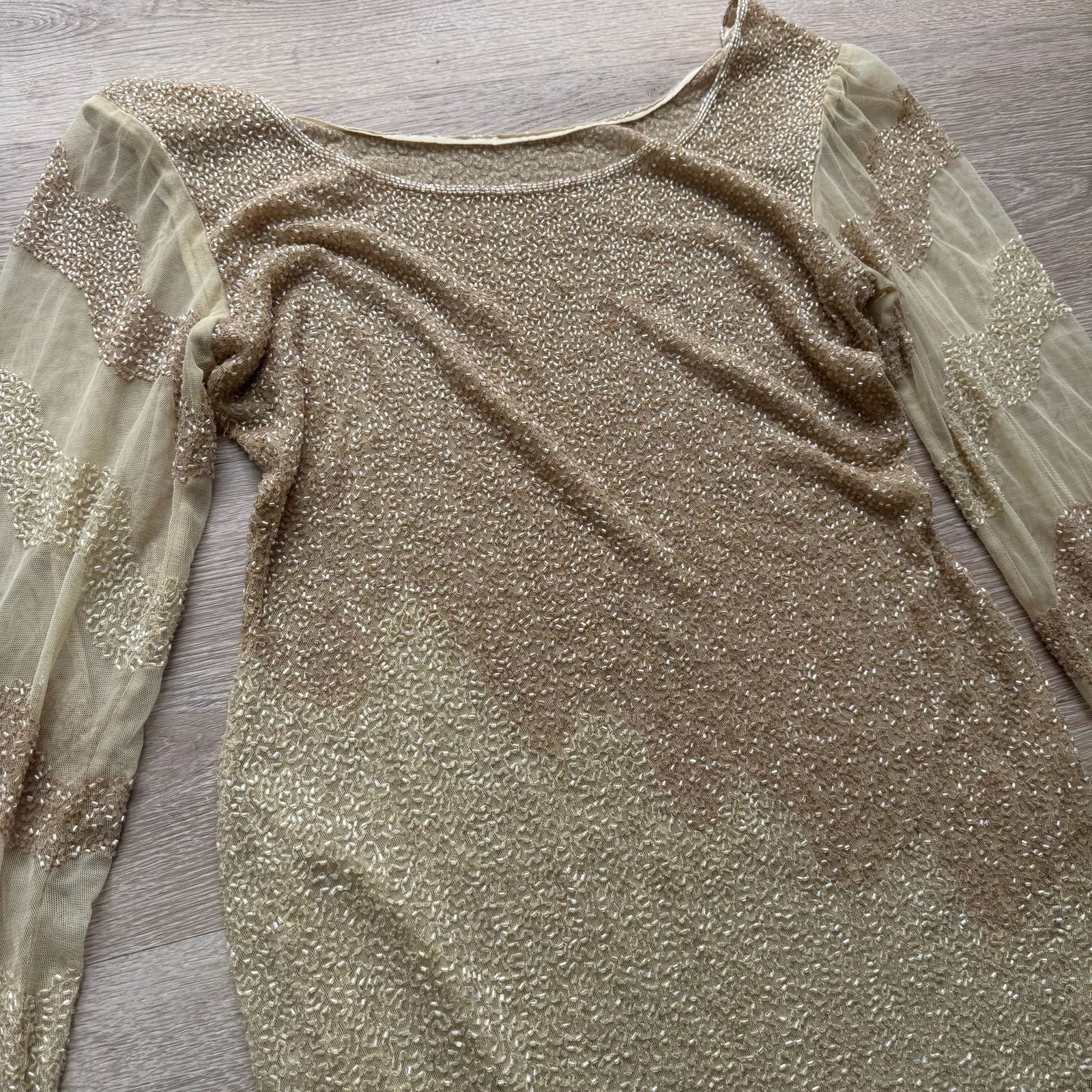 Vintage Fully Beaded Sequined Cream Asymmetrical Shirt Dress Sheer