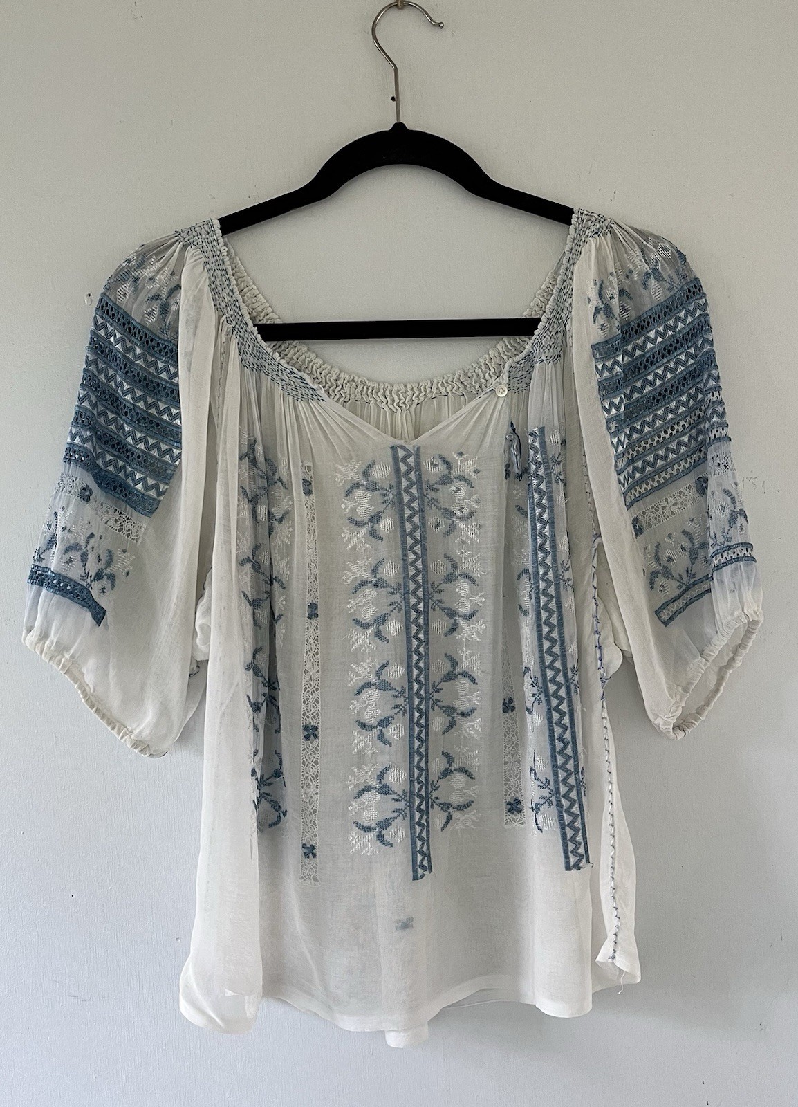 Vintage 1930s Art Deco Hand Embroidered Hungarian Sheer Cotton Peasant Blouse