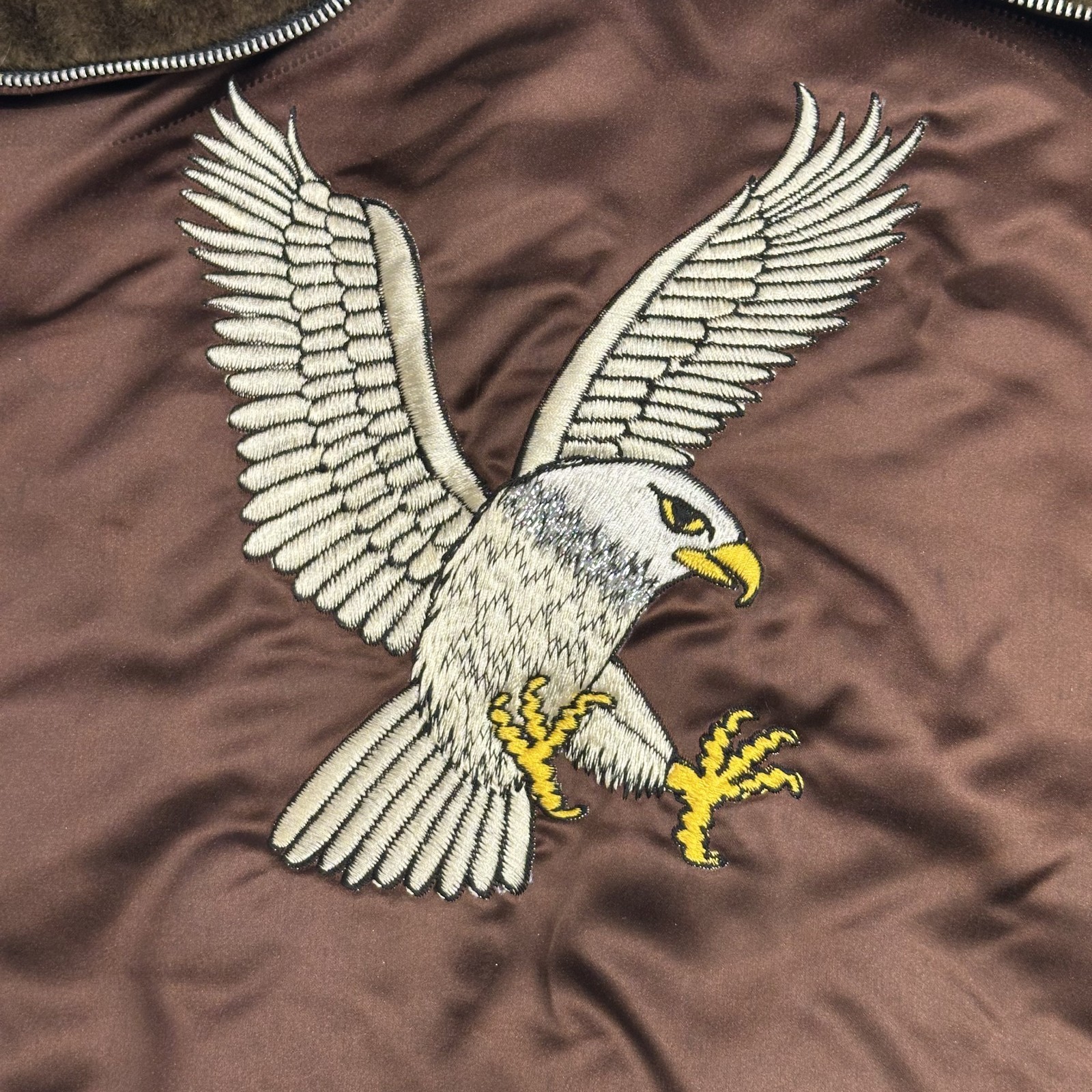 70s VTG Bomber Korea Souvenir Jacket Eagle Faux Fur Split Hood Embroidered Large