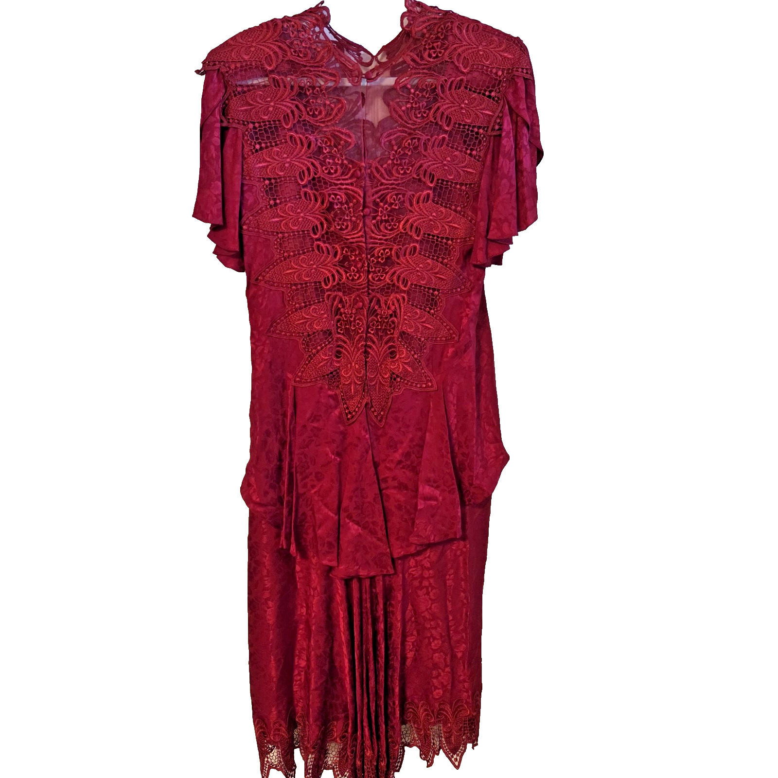 Capriccio by Digna Jacquard Silk Blend Dress Size 12 Red Lace US VTG 1980s 1990s