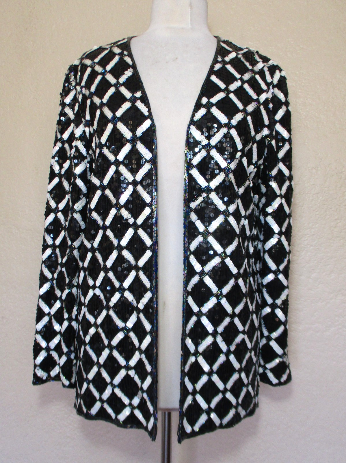 Vintage Joan Leslie Evenings Women&rsquo;s Silk Sequin Jacket Black White Diamond M
