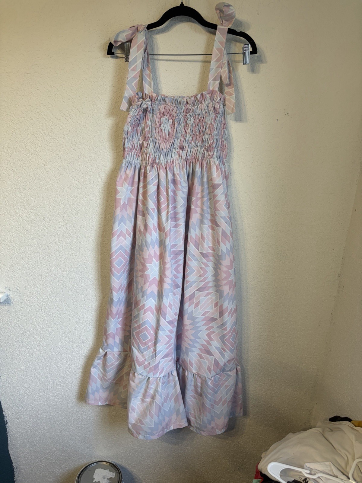Handmade Vintage Upcycled Patchwork Print Cotton Blend Tie Smocked Dress L/XXL