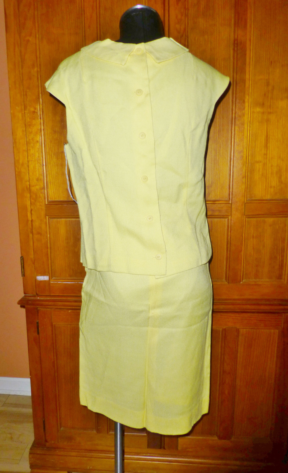 NOS Vtg 60s ROSECREST MOD Linen Yellow 2pc DRESS Pencil SKIRT Blouse Top SET